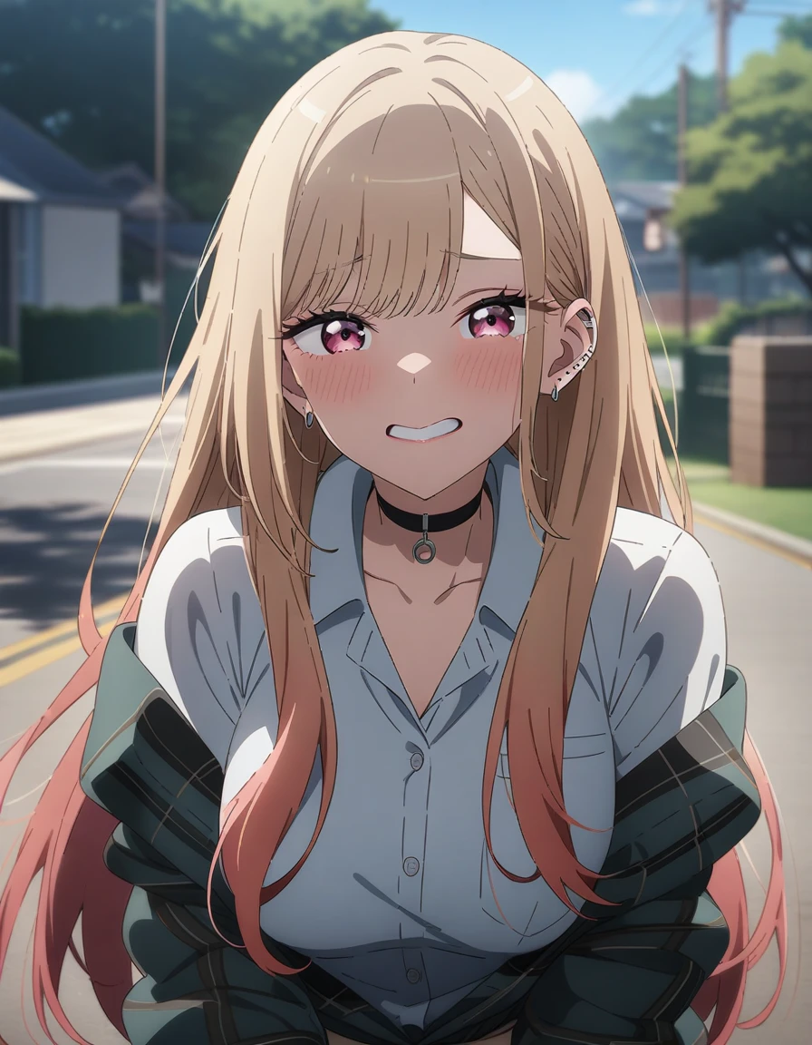 masterpiece, best quality, very aesthetic, absurdres, 1girl, kitagawa marin, sono bisque doll wa koi wo suru, large breast, lamentation, outdoors, key visual, highly detailed, looking at viewer, front view, upper body