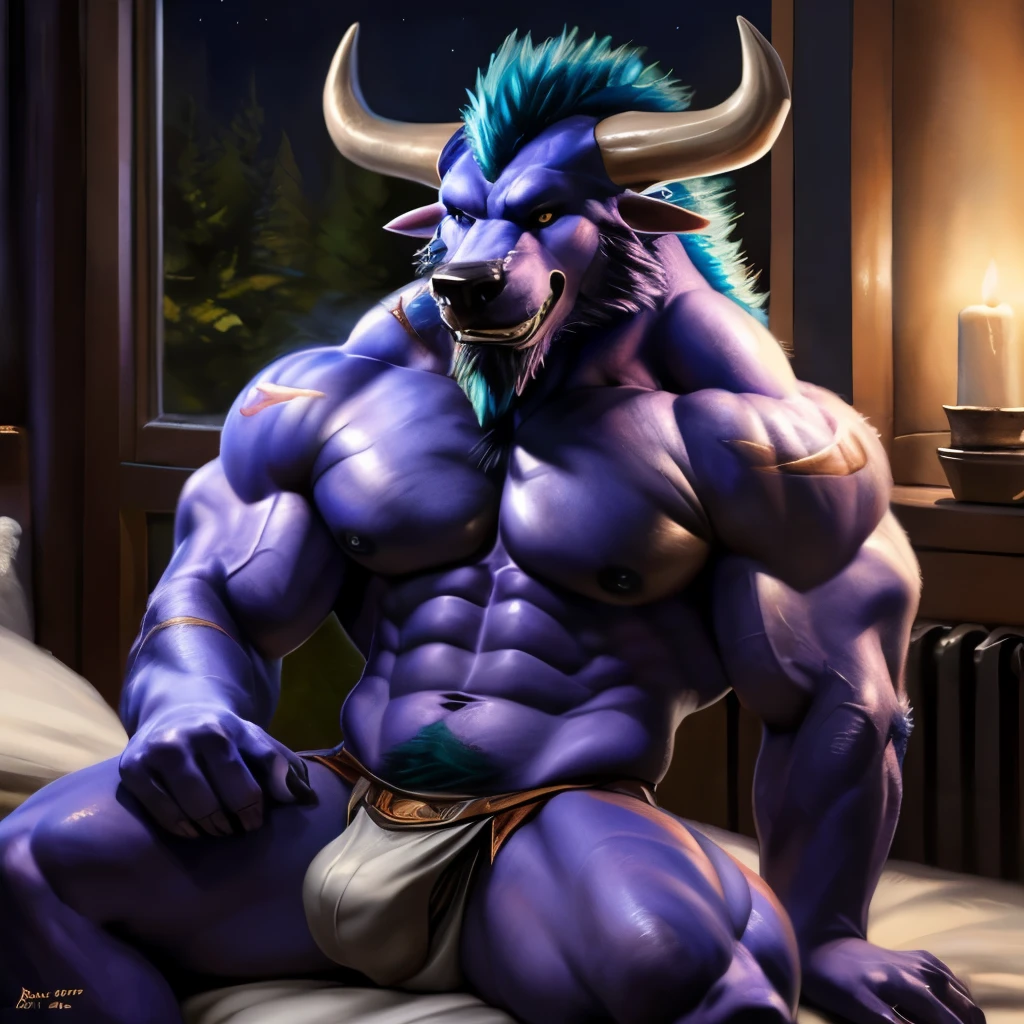 Alistar \(league_of_legends\), smug seductive face, purple body, bodybuilder, muscular male, muscular, detailed muscles, detailed fur, bright fur, bright body, night, detailed face, high detailed, high resolution, underwear high quality, detailed eyes, detailed background, sitting in bed, room background, detailed muscular abs, huge muscular pecs, huge muscular biceps, thick muscular thighs, anthro, loincloth, male, full portrait, by bomb, by chunie, by bruteandbrawn, by personalami, by kenket, (intricate, high detail, film photography, soft focus, RAW candid cinema, photorealism, realistic, photorealistic, analog style, subsurface scattering, masterpiece, best quality, ultra realistic, 8k)