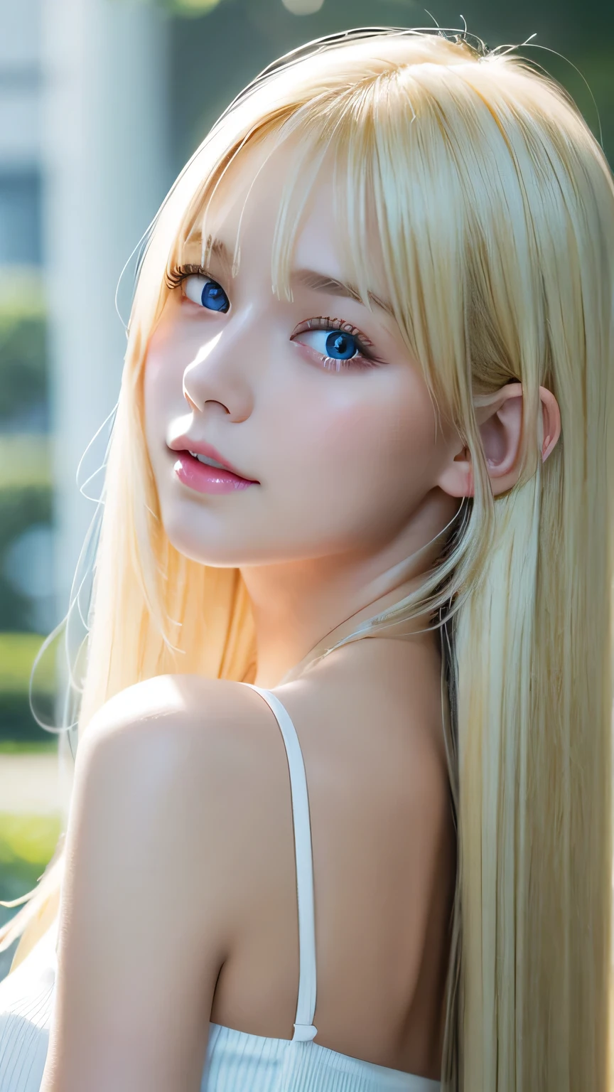 Beautiful, dazzling, super long, straight, silky blonde hair、Bright expression、Blonde girl posing in a white top、messy bangs between eyes,,、Glossy fair skin、Glowing Cheeks、Reality Girls、16-year-old girl、Beautiful girl with shining golden platinum blonde、Beautiful big bright blue eyes、Small Face Beauty、Round face