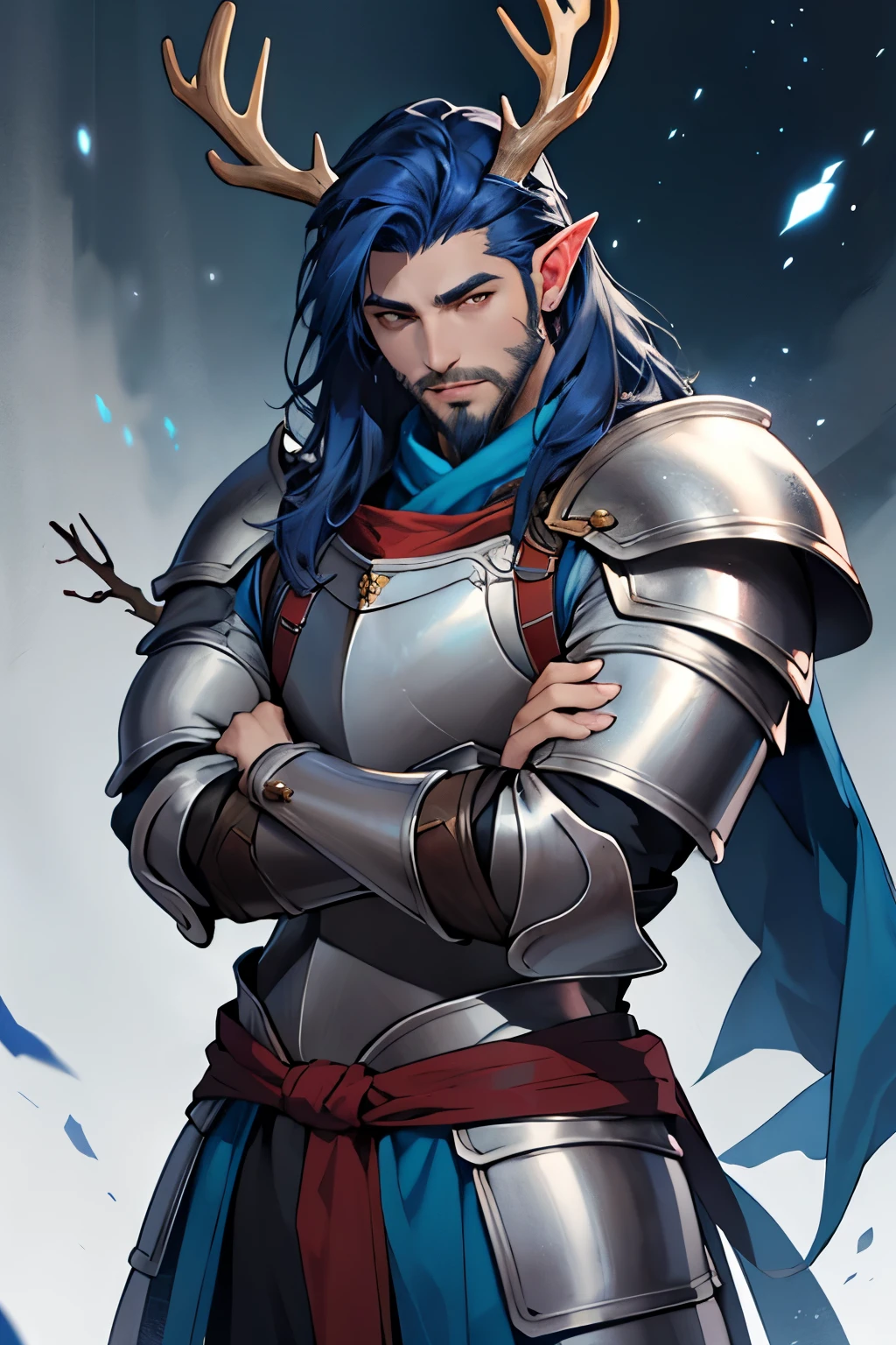 blue skinned muscular Male eladrin with long dark blue hair and a beard white eyes with elk antlers wearing full plate armor