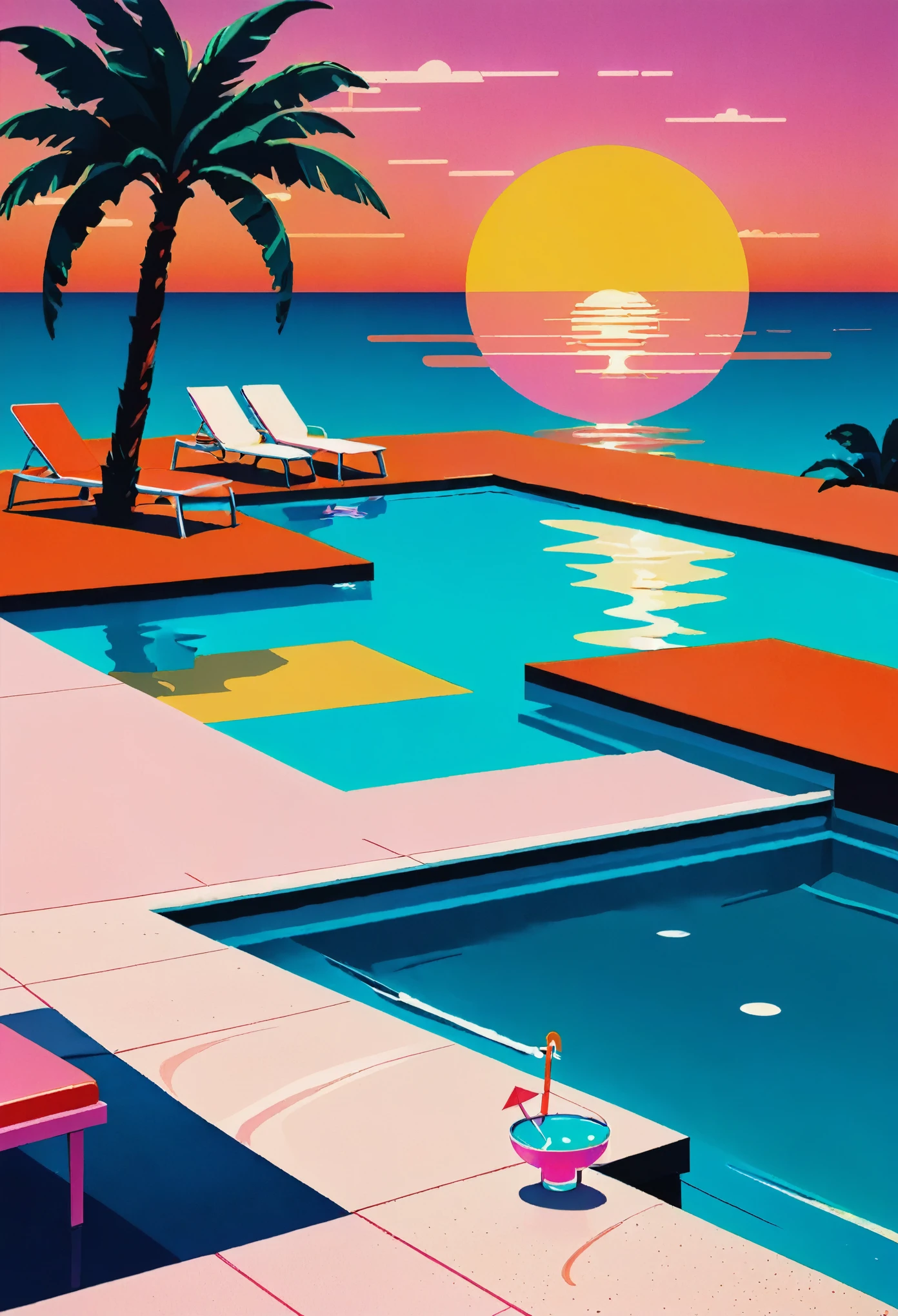 reate an artwork deeply immersed in the vaporwave aesthetic of the 80s, heavily influenced by Yoko Honda's vivid artistic style, adopting a minimalist approach. Picture a retro-futuristic beach and pool scene captured at sunset, illustrated in a 2D, flat perspective without any vanishing points. The sky above blazes with intense hues of orange, pink, and red—vibrant colors that reflect off the calm waters of the sea and pool, producing a visually captivating effect. Around the pool, include neon-lit palm and coconut trees, rendered in a stylized, simple form to enhance the tropical and otherworldly ambiance with sparse but striking placements. Decorate the pool area with whimsical 80s-themed floaties, such as neon flamingos and unicorns, adding a playful and nostalgic touch. Additionally, integrate geometric neon lights that cast a surreal glow across the scene, providing minimal yet effective illumination. The setting features a stylish, minimalist beachside bar visible behind large, flat glass windows. Inside, the bar should display pastel-colored walls and floors adorned with luxurious terrazzo and marble textures, achieved using Yoko Honda’s signature textured brushes to create a tactile and visually rich surface. Place chic 80s-style drinks and cocktails along the poolside to emphasize the leisure lifestyle of the decade. This scene merges retro luxury with vibrant, warm color palettes in a minimalist, flat 2D composition, crafting a scene that is not only timeless but also distinctively reminiscent of the 80s and true to Yoko Honda’s style.