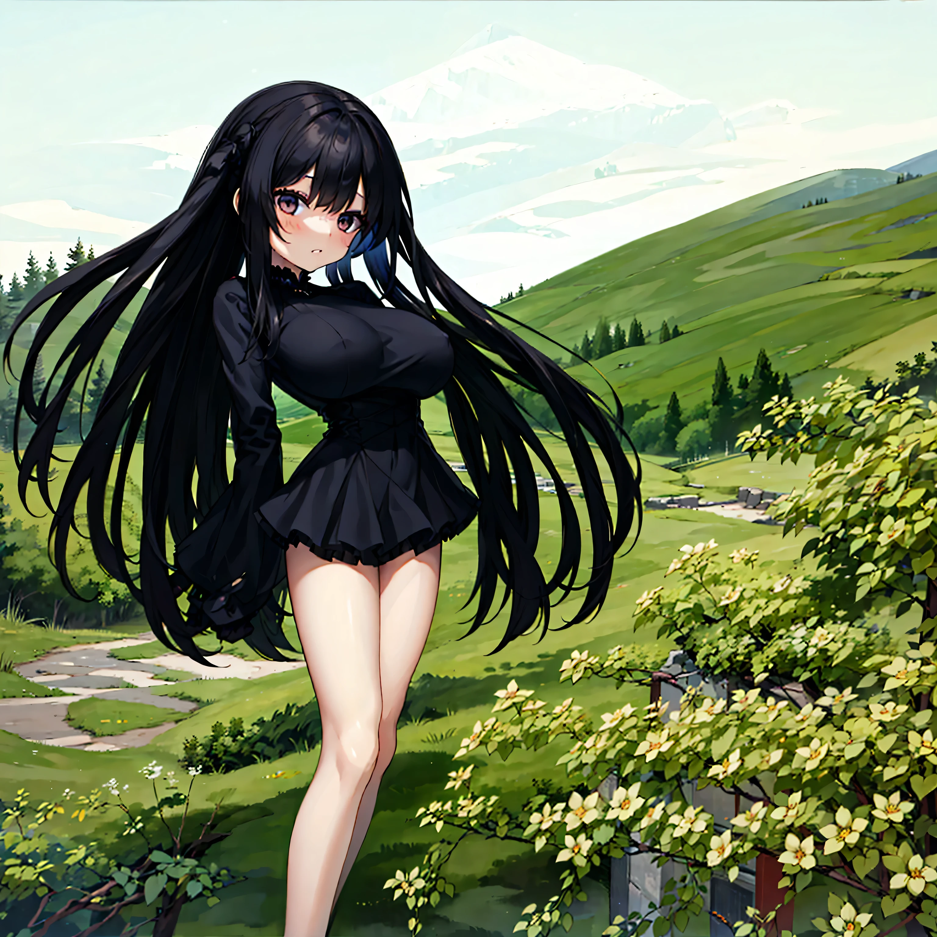 (solo), 1 skinny girl standing, blowing wind, long black hair, (jitome), swinging back, arms behind back, BREAK, huge breasts, short torso, inconceivably narrow waist, BREAK, very short black layered dress, (Gothic Lolita), too short skirt, BREAK, (nsfw:1.0), nose blush
