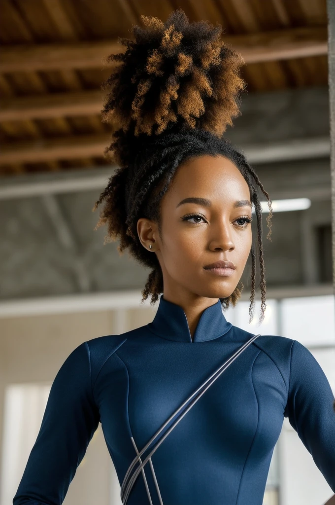 high resolution, hyper realistic, high quality, photo of tawny_newsome
big hair
wearing red sttldunf
black pants. An alluring womaA black woman wearing a blue Sttldunf uniform stands prominently in the center of the scene. Her uniform is made of a futuristic material, giving it a sleek and polished appearance. The uniform has intricate details such as metallic elements and glowing accents.Her face is the epitome of determination and strength, with every feature meticulously crafted. Her eyes are captivating, with a deep and intense gaze, drawing you into the scene. Her lips have a subtle curve, expressing both confidence and a hint of mystery.Veins subtly pulsate beneath her skin, symbolizing her connection to a greater power or source. They add an otherworldly touch to her appearance, hinting at her extraordinary abilities.She wears a stylish eyepatch, which adds an element of intrigue to her character. Its design is sleek and futuristic, complementing her overall appearance. It creates an air of mystery, making viewers wonder about her backstory.Cables loop and intertwine around her, connecting her to a network or system. They are carefully woven, giving the impression of a complex and intricate web of knowledge that she possesses or is part of.The lighting in the scene is dim, with soft luma emanating from her body, creating an ethereal glow around her. It adds a sense of divinity and power to the character, enhancing her presence.The scene has a touch of the surreal, with elements of both fantasy and science fiction. It combines the futuristic Sttldunf uniform with the existence of veins and cables, blurring the line between reality and imagination.The color palette of the scene is dominated by shades of blue, paying homage to the blue uniform and adding a sense of calmness and stability. The contrast between the blue and the black woman's skin creates a visually striking effect.The overall quality of the image is of the highest standard, embracing the highest