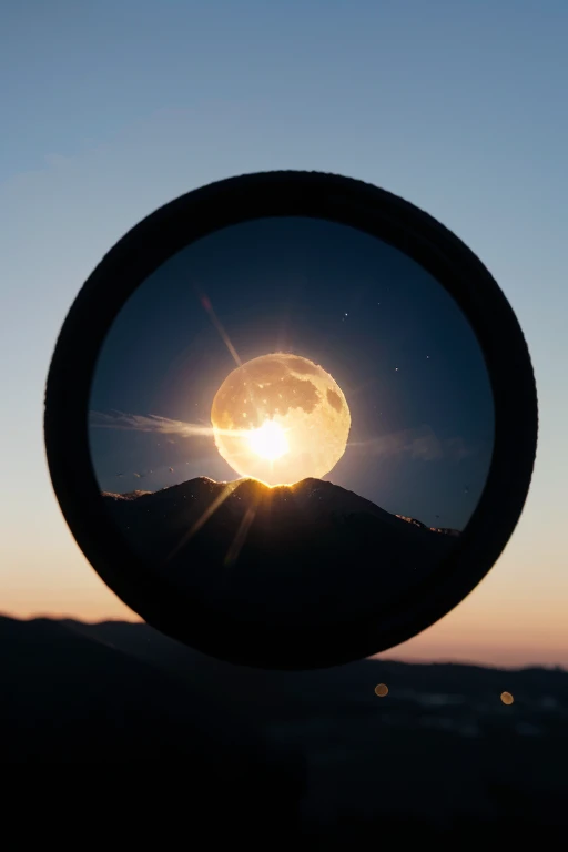 clear first person image and blurred background on fire, with the sun hitting the moon in the blue sky.