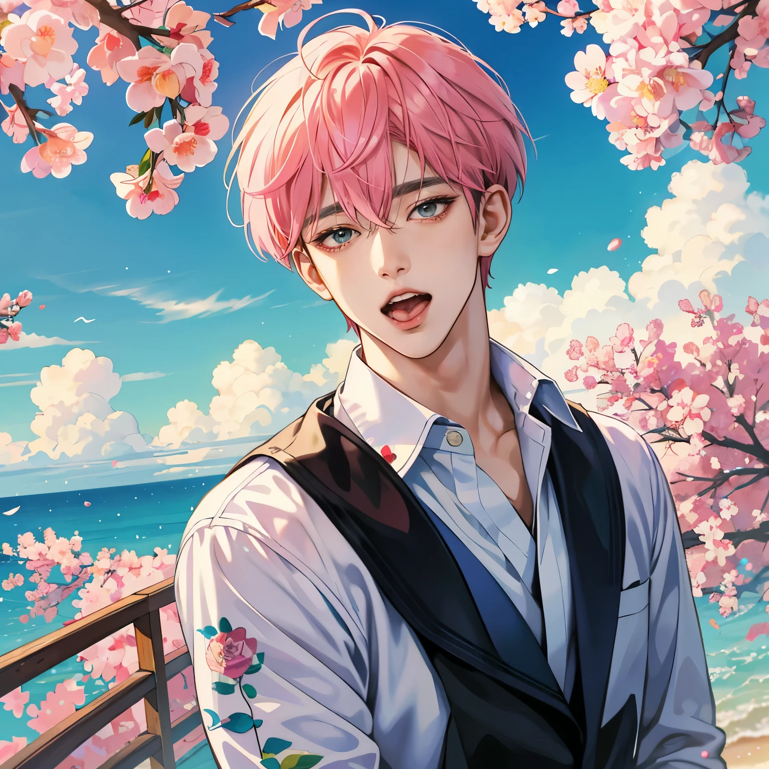 Guviz-style artwork, made with anime painter studio, Anime Realism Style, Realistic anime art style, painted in anime painter studio, Inspired by Kim Taehyung, In an anime style, anime handsome guy, Inspired by Kim Taehyung, anime realism、Pink hair、open your mouth wide、short-hair, open mouth tongue seen, open mouth wide