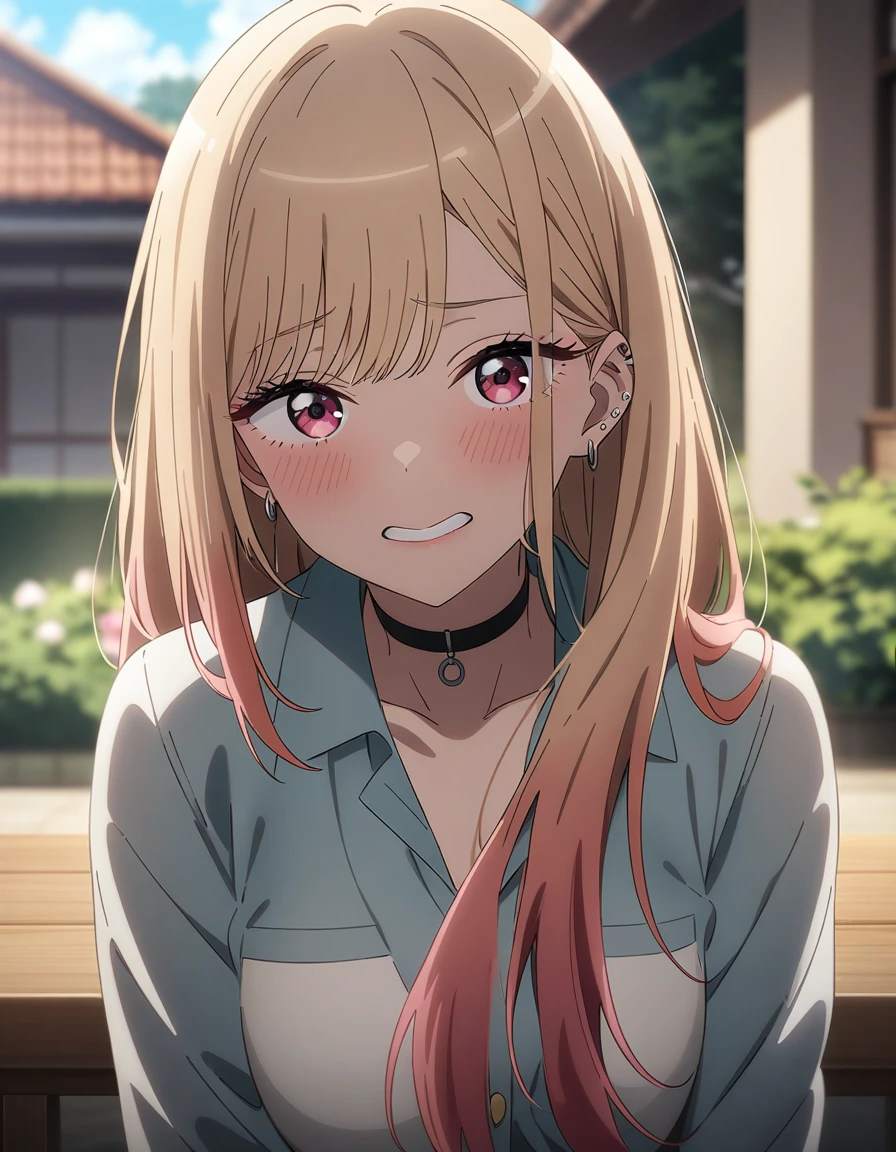 masterpiece, best quality, very aesthetic, absurdres, 1girl, kitagawa marin, sono bisque doll wa koi wo suru, large breast, lamentation, outdoors, key visual, highly detailed, looking at viewer, front view, upper body