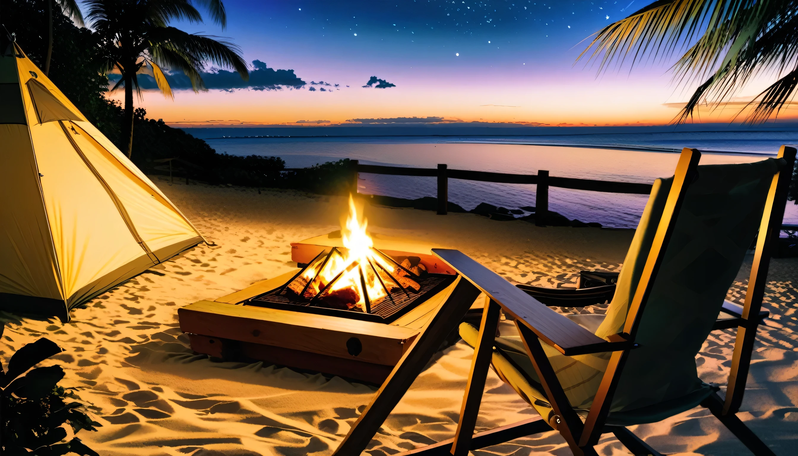 High fidelity Photograph、beach campsite、bonfire、beautiful sandy beach、The crescent moon is beautiful、tent、unburned bonfire、Grill、deck chair、starry、Quiet place、beautful view、lamplight、there was no one。
