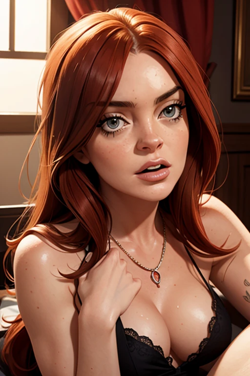 ((blonde man)) and a (tall college woman((Long red hair)); blue eyes; large breasts; pale skin; blushing; girl-next-door look; soft and cute features; in love); in high-end apartment; climaxing; climaxing expression;  best quality; trending on artstation; dark room with complex volumetric lighting; strong shadows; artistic lighting; dynamic; energetic vibe; realistic skin; specular highlights; micro-textures; highly detailed hair; darkened room; very dim and warm incandescent lighting; night time; erotic; shaved pussy; visible pussy; naked; having sex; cock in pussy; leaning forward; man's hands groping breasts and holding hips; blushing heavily; ruggedly handsome man has blonde hair and athletic body  and is on top, and woman has red hair; mating press position on the bed;