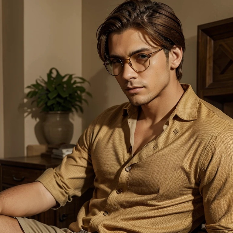 hombre guapo y de estatura alta, delgado, ojos color amber, medium light brown hair, lentes y un buen oufit