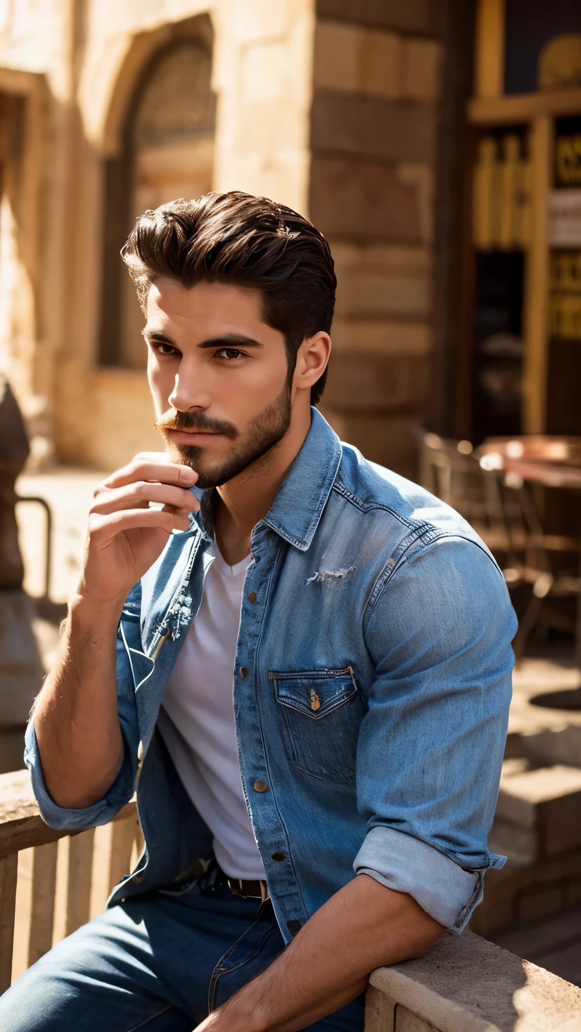 Un joven hombre, 25 years cob barba corta old,musculoso,fornido y con una belleza masculina, con ropa informal y elegante.