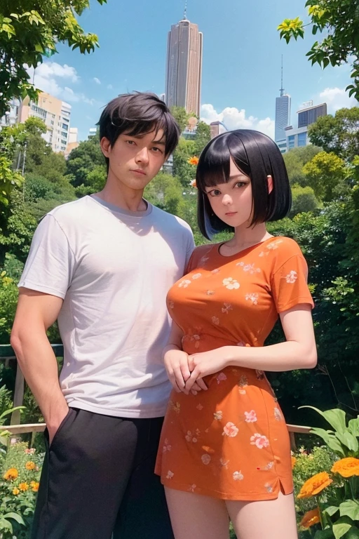 35-year-old Caucasian male with short black hair and stubble, wearing a red t-shirt, arms crossed and A young Asian woman with long dark hair wearing a orange floral print dress standing in a garden with green trees and plants in the background