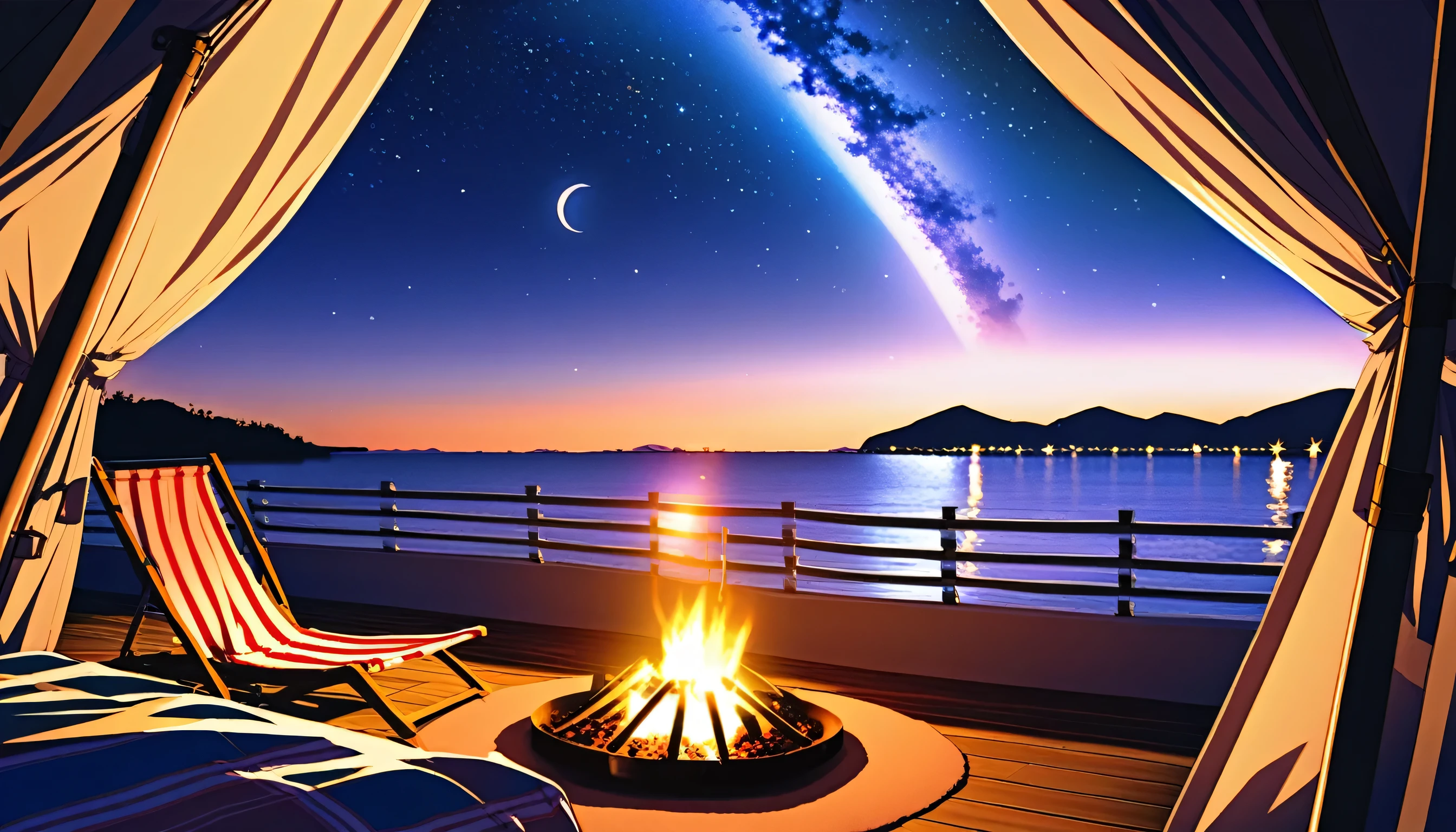 High fidelity Photograph、beach campsite、bonfire、beautiful sandy beach、The crescent moon is beautiful、tent、unburned bonfire、Grill、deck chair、starry、Quiet place、beautful view、lamplight、there was no one。