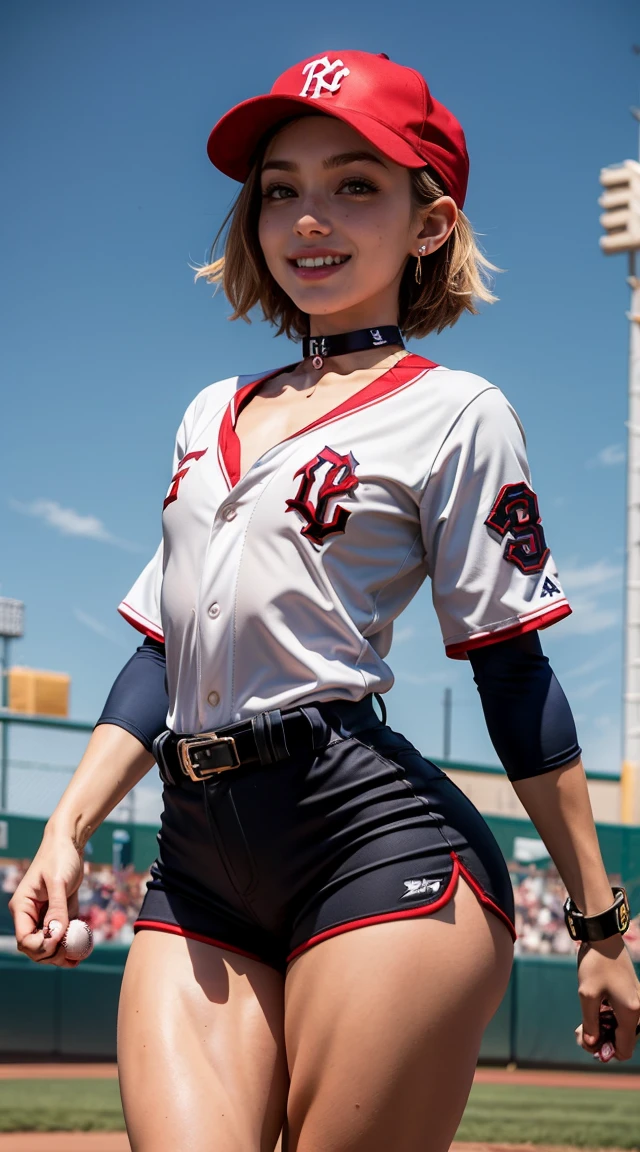 (Muscular:2), (thick thighs:1.9), 
(blonde woman, pale skin, beauty mark, freckles), blunt bangs, long hair, 
eyeshadow, earrings, red lipstick, glasses,
detailed eyes, (big smile:1.5), detailed skin,
(flat chest:2),
(choker, baseball outfit, baseball hat, baseball jersey, baseball shorts:1.6), 
(upper body view:1.2), looking at viewer, (three quarter view:1.5),
rim lighting, two tone lighting, dimly lit