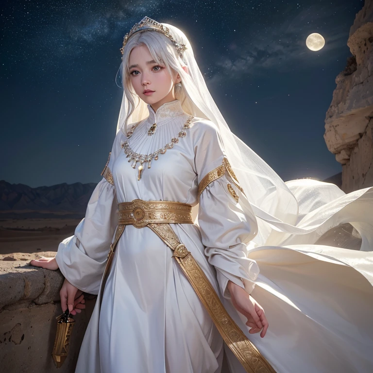 (highest quality、masterpiece、8k、Best image quality、Ultra-high resolution、Award-winning works)、A beautiful white-haired woman is looking at us from far in the desert, where a flood of light is streaming from the moon.、Ancient Islamic clothing、Beautiful face drawn in every detail、photographic imge,
