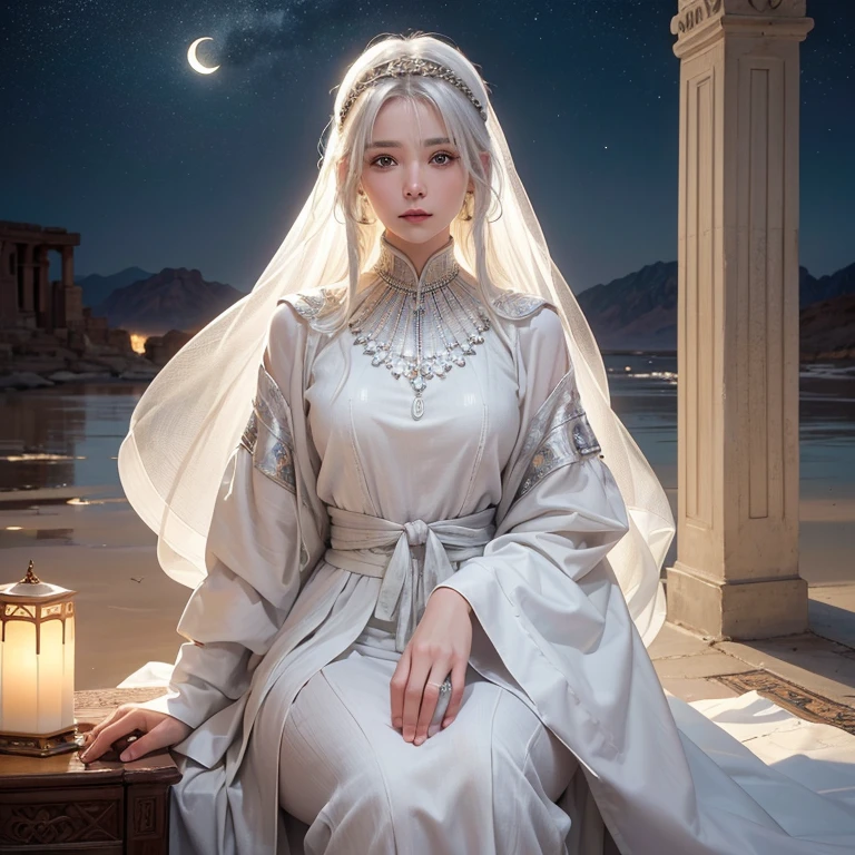 (highest quality、masterpiece、8k、Best image quality、Ultra-high resolution、Award-winning works)、A beautiful white-haired woman is looking at us from far in the desert, where a flood of light is streaming from the moon.、Ancient Islamic clothing、Beautiful face drawn in every detail、photographic imge,