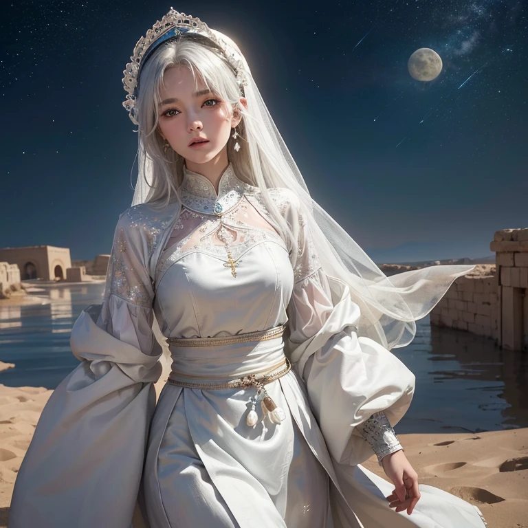 (highest quality、masterpiece、8k、Best image quality、Ultra-high resolution、Award-winning works)、A beautiful white-haired woman is looking at us from far in the desert, where a flood of light is streaming from the moon.、Ancient Islamic clothing、Beautiful face drawn in every detail、photographic imge,