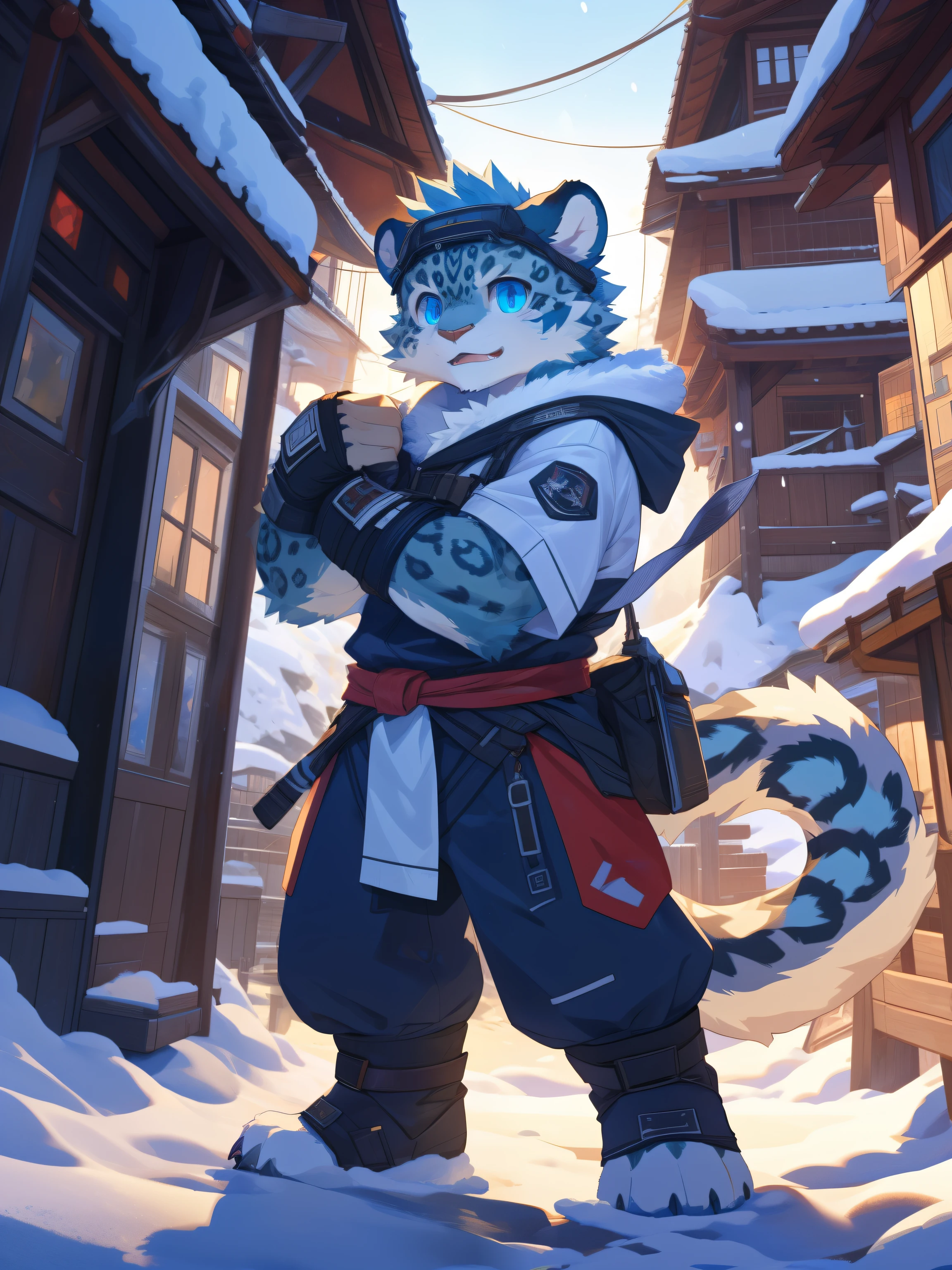 nj5furry,kemono,full-length portrait,anthro,hi res,male,juvenile,strong,Adventure suits,Fingerless gloves,Adventurer,snow leopard,Fluffy hair,Bandage leggings,Blue Eyes,Detailed eyes,Delicate eyes,Extremely high detail,8k high definition characters,optimistic and cheerful,Fighting Stance,Golden dot of light