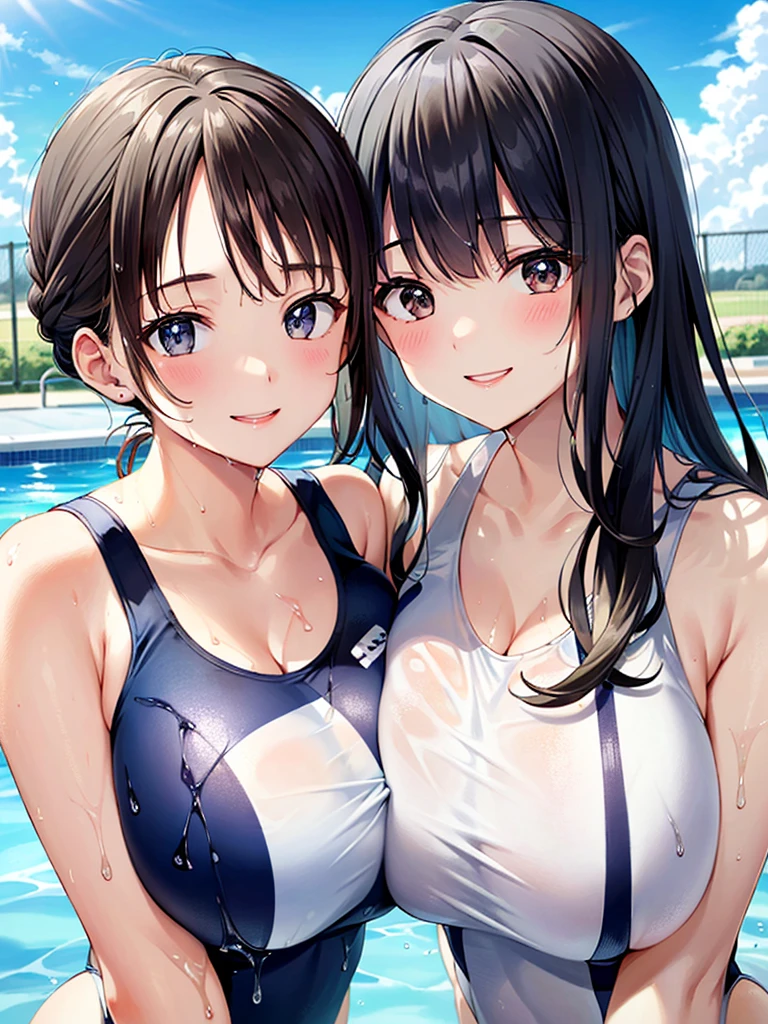 masterpiece、High resolution、High resolution、high quality、High resolution、Depiction of only the upper body、Two age girls hugging each other、Pompadour、The forehead is visible、Beautiful lipoist lips、(((Very large breasts)))、Courting face、Smiling with teeth showing、((near))、((Wet white one piece swimsuit))、Pool、blue sky