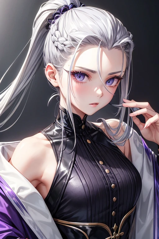 A hairstyle in which the entire hair is slicked back、Odd Eye、Silver hair back、male、Her hair is shoulder-length、Odd Eye、maleの左目赤色、male右目青、Purple coat、Increase the wide angle、Clear Eyes、