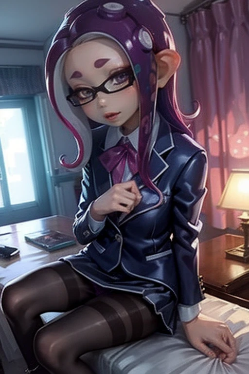 Number 8、Splatoon、Purple Hair、Long Hair、((pantyhose))、Picture below、Medium Chest、Bedroom、Swimwear、((school uniform))、