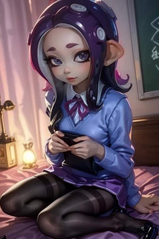 Number 8、Splatoon、Purple Hair、Long Hair、((pantyhose))、Picture below、Medium Chest、Bedroom、Swimwear、((school uniform))、