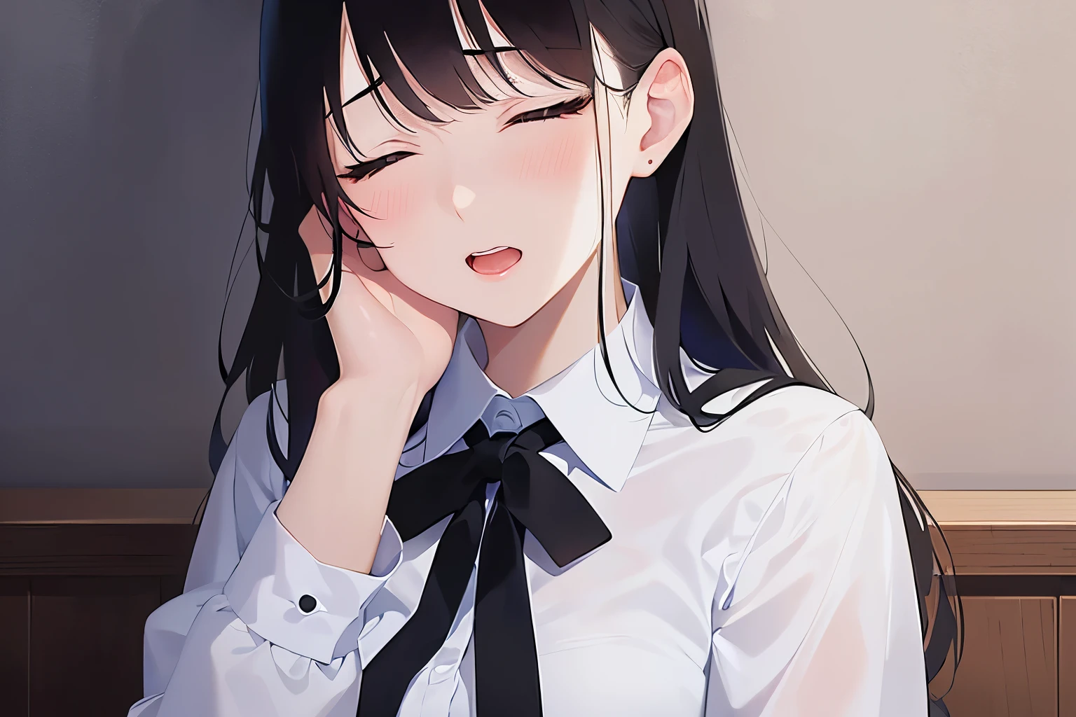 Placing hand on face, Biologically correct five fingers、upper body, Realistic, real person, (pale skin: 1.2), (RAW photo:1.5), photorealistic, shiny skin, shiny hair、(A 25-year-old woman with straight hair and bangs) and (medium hair) and (black hair) and (closed eyes:1.5), white collared shirt, (embarrassed,blush:1.3), open mouth, The background is the office、alone、Are standing