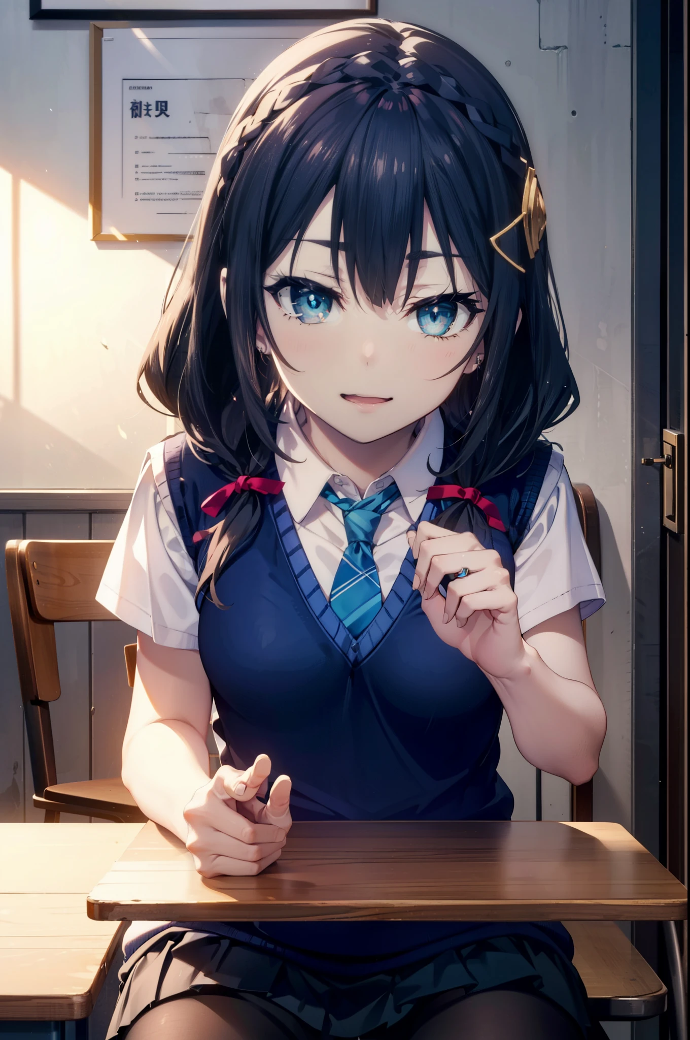 konosubaAqua, Aqua, Long Hair, blue eyes, hair ornaments, very Long Hair, Blue Hair, Hair Ring, シングルHair Ring, Hair ties,happy smile, smile, Open your mouth,
White shirt,Short sleeve,Sweater vest, (blue Sweater vest:1.5),Black pleated skirt,Black Pantyhose,Black Loafers,whole bodyがイラストに入るように,sit cross-legged at a desk,
break door, School　classroom,crowd, people々々々々,
break looking at viewer, whole body,
break (masterpiece:1.2), highest quality, High resolution, unity 8k wallpaper, (shape:0.8), (Beautiful and beautiful eyes:1.6), Highly detailed face, Perfect lighting, Highly detailed CG, (Perfect hands, Perfect Anatomy),