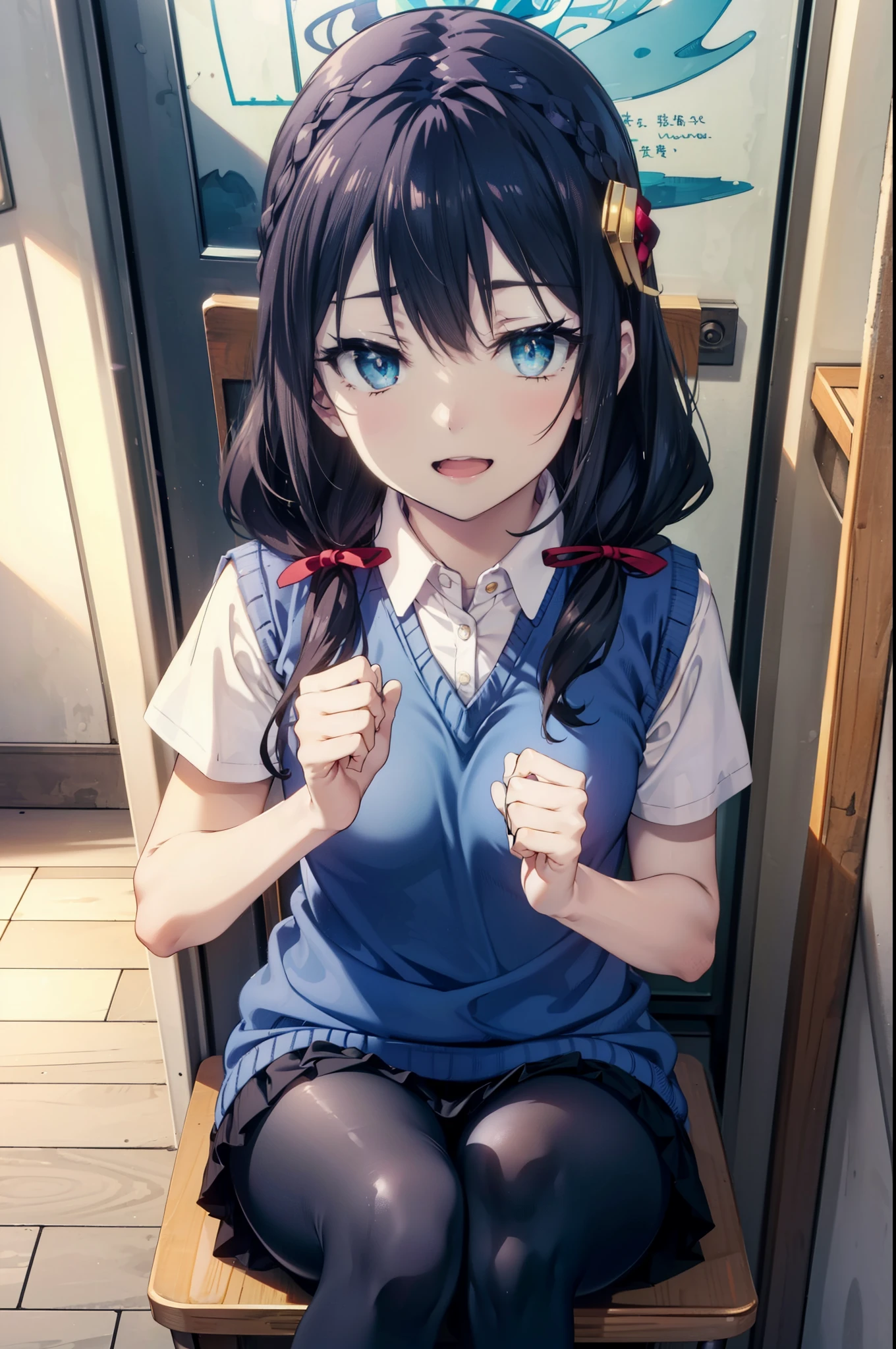 konosubaAqua, Aqua, Long Hair, blue eyes, hair ornaments, very Long Hair, Blue Hair, Hair Ring, シングルHair Ring, Hair ties,happy smile, smile, Open your mouth,
White shirt,Short sleeve,Sweater vest, (blue Sweater vest:1.5),Black pleated skirt,Black Pantyhose,Black Loafers,whole bodyがイラストに入るように,sit cross-legged at a desk,
break door, School　classroom,crowd, people々々々々,
break looking at viewer, whole body,
break (masterpiece:1.2), highest quality, High resolution, unity 8k wallpaper, (shape:0.8), (Beautiful and beautiful eyes:1.6), Highly detailed face, Perfect lighting, Highly detailed CG, (Perfect hands, Perfect Anatomy),