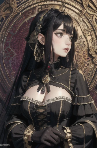 (masterpiece, top quality, best quality, official art, beautiful and aesthetic:1.2), (1girl), extreme detailed,(fractal art:1.3),colorful,highest detailed, steampunk, horror, Cthulhu, dark and bright contrast, shadowy figures in the background, Byzantine complex pattern, gilded, beautiful girl in a heavy and elaborate Renaissance inspired dress, mysterious, distant, many worlds, H.R. Geiger, alien, arcane
