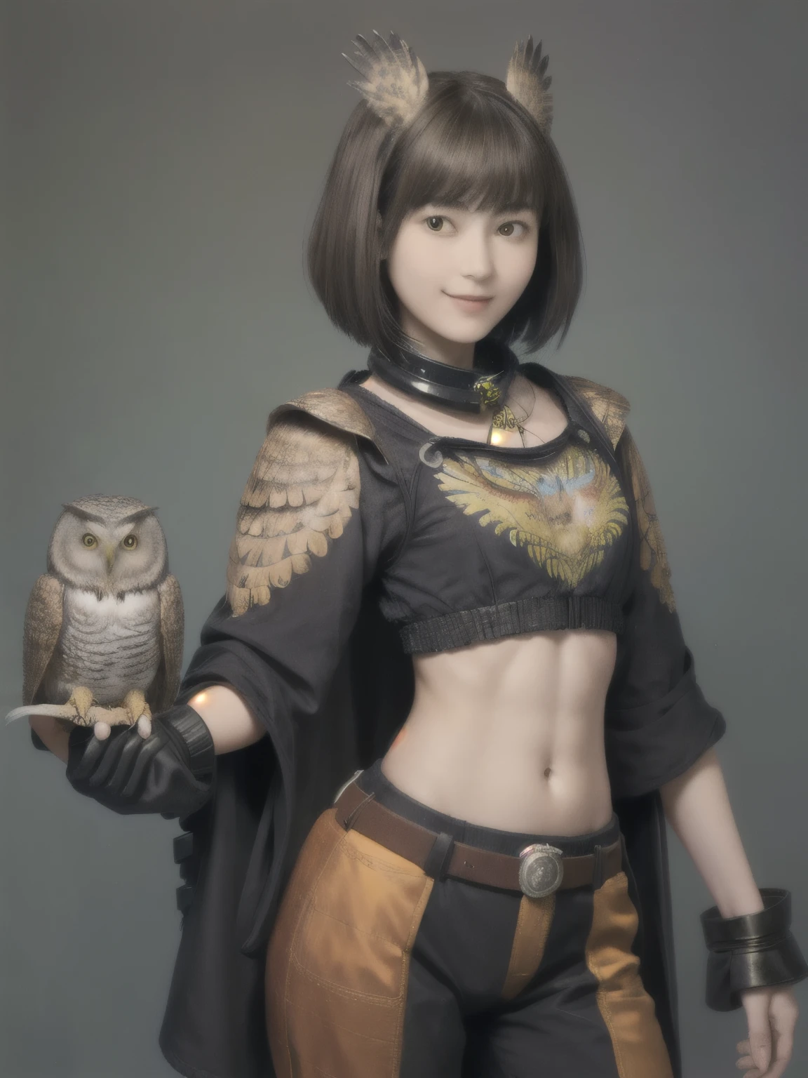 224 Short Hair, 20-year-old woman, A kind smile, (There are also colorful owls), (Rembrandt-style painting), ((machinery suit,Clothes with short sleeves)),I can see your abs