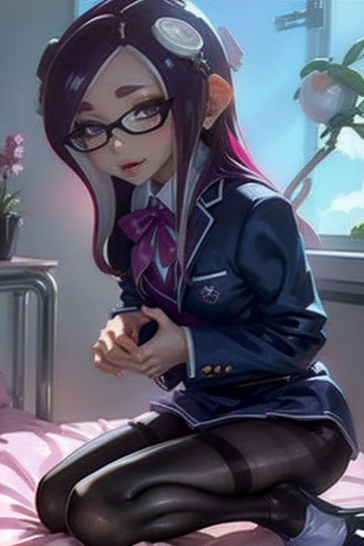 Number 8、Splatoon、Purple Hair、Long Hair、((pantyhose))、Picture below、Medium Chest、Bedroom、Swimwear、((school uniform))、