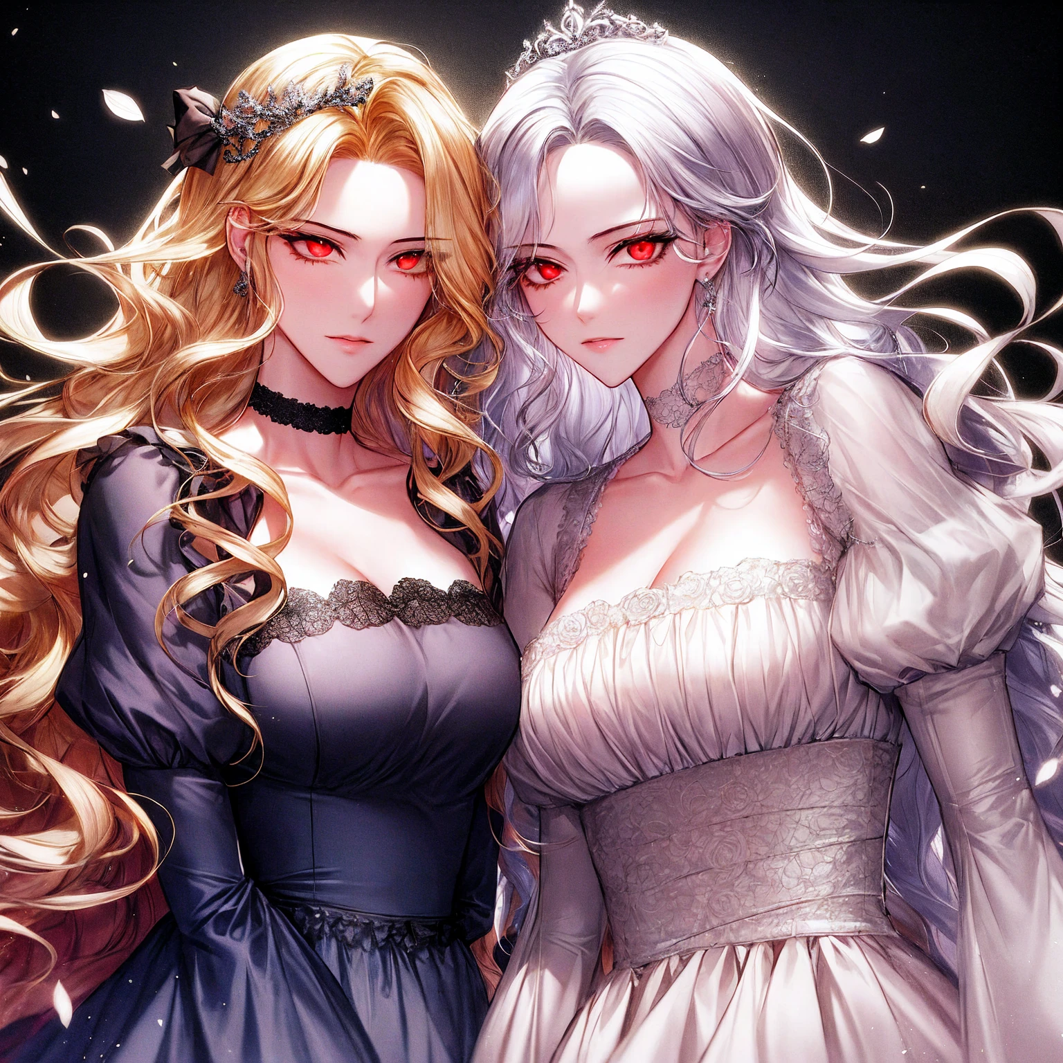 shoujo-style, (floral background), romance manhwa, (2girls, aligned), silver hair, blonde hair, solo, long hair, flower, dress, tiara, white dress, gloves, long sleeves, choker, green eyes, red eyes, mascara, makeup, white gloves, black bow, black flower, wavy hair, bow, jewelry, looking at viewer, white background, collarbone, puffy sleeves, silver accessories, upper body, parted bangs, very long hair, blue dress, frills, bangs, closed mouth, detailed eyes, (close up), gleaming skin, shiny glossy skin