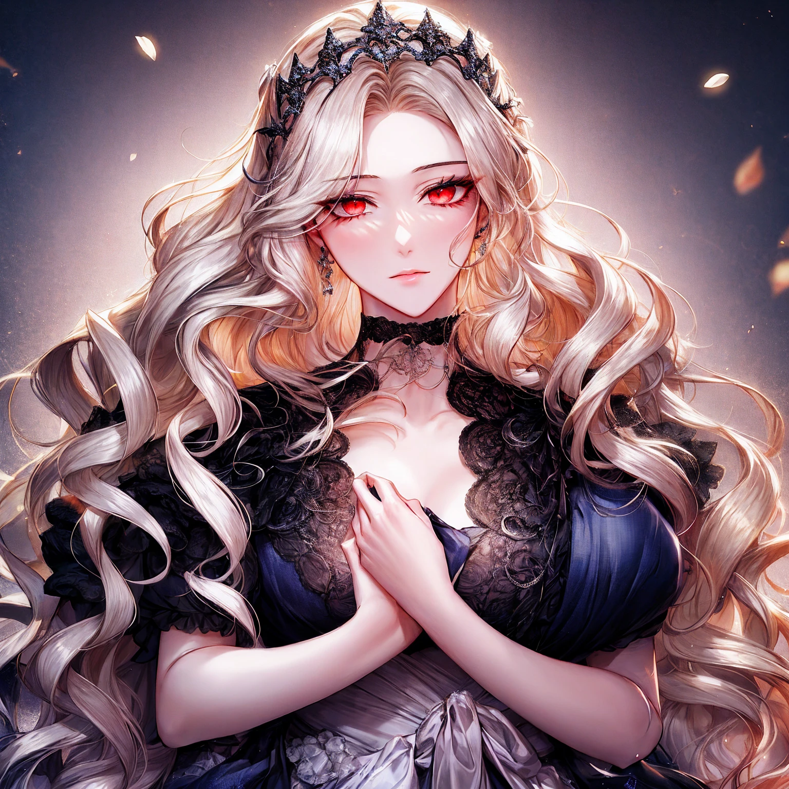 shoujo-style, (floral background), romance manhwa, (2girls, aligned), silver hair, blonde hair, solo, long hair, flower, dress, tiara, white dress, gloves, long sleeves, choker, green eyes, red eyes, mascara, makeup, white gloves, black bow, black flower, wavy hair, bow, jewelry, looking at viewer, white background, collarbone, puffy sleeves, silver accessories, upper body, parted bangs, very long hair, blue dress, frills, bangs, closed mouth, detailed eyes, (close up), gleaming skin, shiny glossy skin