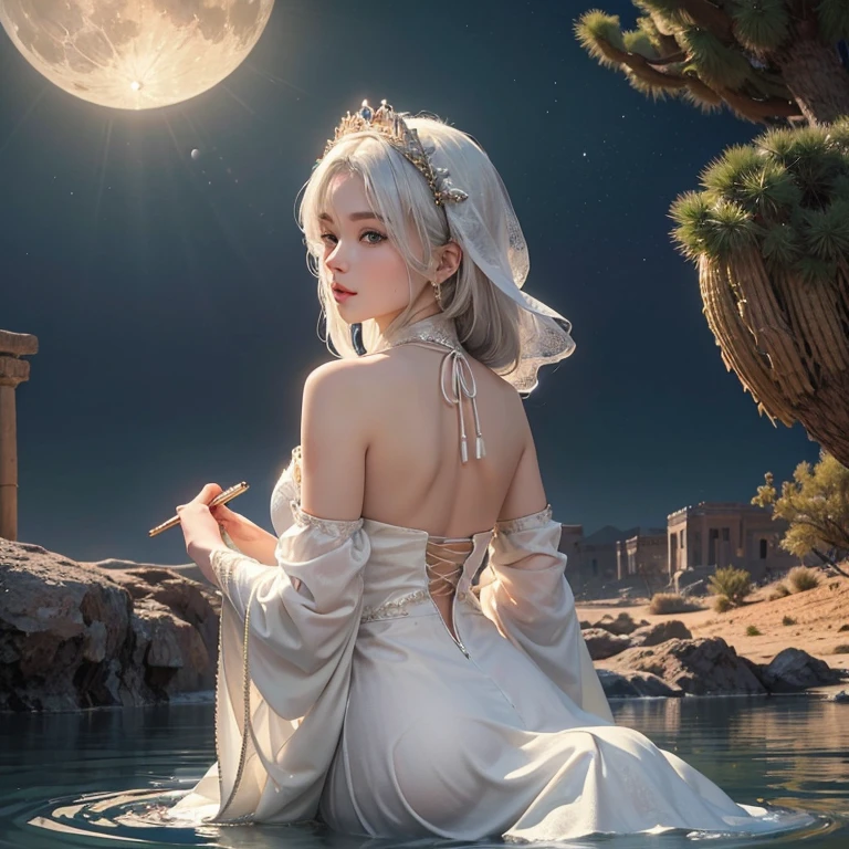 A starkly beautiful naked anime girl stands before an ethereal backdrop, her slender form bathed in moonlight. Her alabaster skin is speckled with intricate tattoos that weave and twine across her body, telling tales of ancient legends. Her long, silken hair cascades down her back like a curtain of silk, catching the breeze and shimmering in the moonlight. Her aquamarine eyes are filled with an otherworldly intensity, as if she can see deep into the very soul of the viewer. In her hands, she cradles a lotus flower, its delicate petals unfurling in the softly glowing light. A sense of tranquility