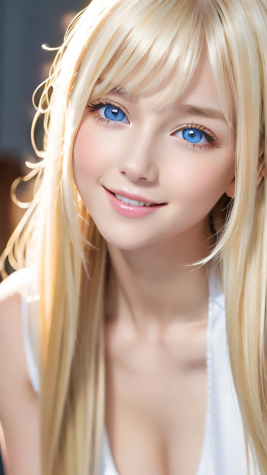Beautiful, dazzling, super long, straight, silky blonde hair、Bright expression、Blonde girl posing in a white top、messy bangs between eyes,,、Glossy fair skin、Glowing Cheeks、Reality Girls、16-year-old girl、Beautiful girl with shining golden platinum blonde、Beautiful big bright blue eyes、Small Face Beauty、Round face