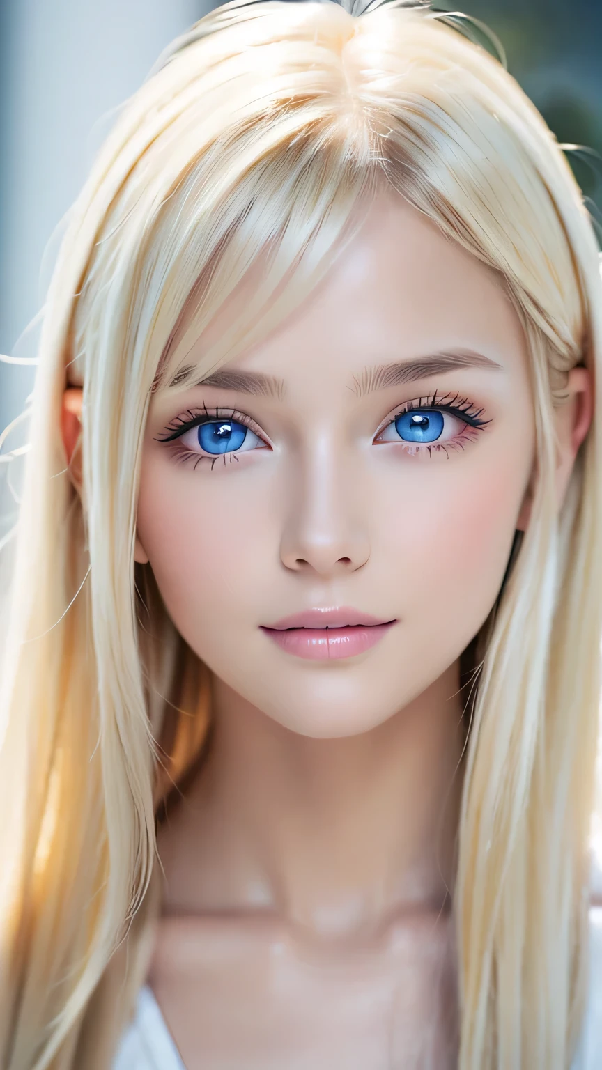 Beautiful, dazzling, super long, straight, silky blonde hair、Bright expression、Blonde girl posing in a white top、messy bangs between eyes,,、Glossy fair skin、Glowing Cheeks、Reality Girls、-yeld giBeautiful girl with shining golden platinum blonde、Beautiful big bright blue eyes、Small Face Beauty、Round face