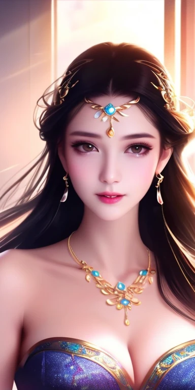 最high quality, masterpiece, High resolution, One girl, transparent silk china dress, Beautiful Face, hair ornaments, View your viewers, smile, Mouth closed,lips, dress,hair ornaments, necklace, jewelry, Long Hair, Earrings, Beautiful Face,On top of that_body, Tyndall effect,Realistic, Dark Studio, Rim Light, Two-tone lighting,(Skin with attention to detail:1.2), 8K Ultra HD, Digital SLR, Soft lighting, high quality, Volumetric lighting, Frank, photograph, High resolution, 4K, 8k, Bokeh