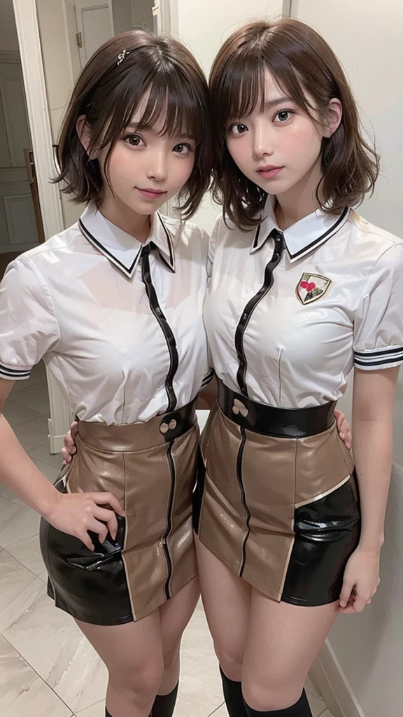 Perfect photo, Multiple Girls, ((Thousands of girls, Millions of girls)), clone, Identical sister, An orderly line of sisters, An orderly line of sisters, Sisters standing in a line, Sisters in the background, Brown Hair, Curly Hair, Matching hairstyle,Eyes of the same color, smile, ((Matching outfits, Same uniform)), Matching hairstyle, White Background, High resolution, whole body, Pause