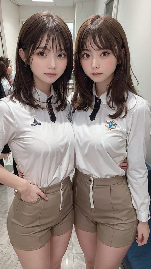 Perfect photo, Multiple Girls, ((Thousands of girls, Millions of girls)), clone, Identical sister, An orderly line of sisters, An orderly line of sisters, Sisters standing in a line, Sisters in the background, Brown Hair, Curly Hair, Matching hairstyle,Eyes of the same color, smile, ((Matching outfits, Same uniform)), Matching hairstyle, White Background, High resolution, whole body, Pause
