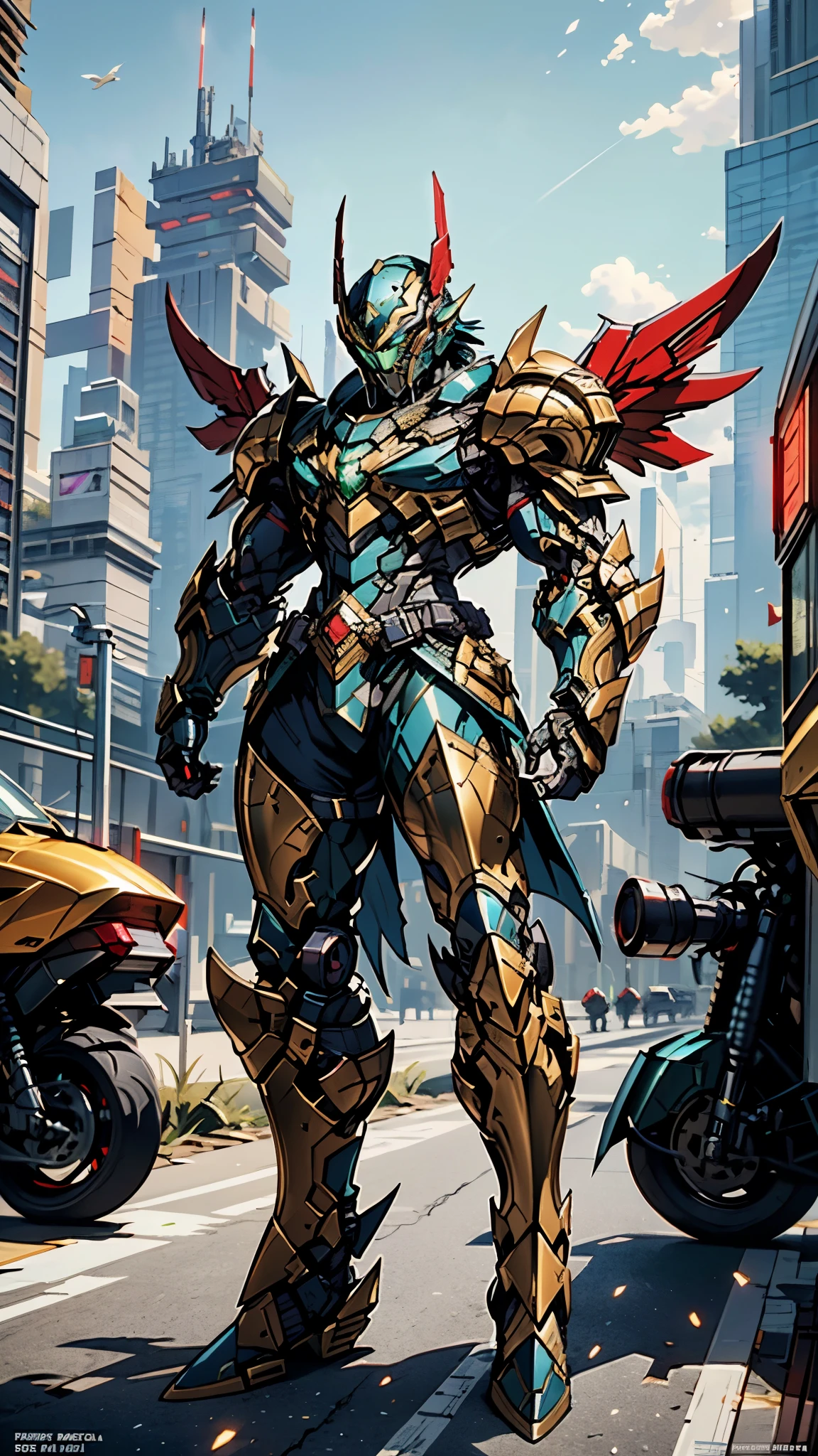 A man wearing a full-face helmet, a fantasy-style biotech armored combat suit, green eyes, (a composite layered chest armor), fully enclosed shoulder guards, matching arm and leg guards, the belt is adorned with Falcon Wing, (the color scheme is primarily white with red and blue accents), the design balances heavy with agility, a high-tech bio-mecha armor, (Armor Concept Inspired by Falcon, stand on the top of a skyscraper in a futuristic sci-fi city), this character embodies a finely crafted fantasy-surreal style armored hero in anime style, exquisite and mature manga art style, (battle damage, element, plasma, energy, the armor glows), ((male:1.5)), metallic, real texture material, dramatic, high definition, best quality, highres, ultra-detailed, ultra-fine painting, extremely delicate, professional, perfect body proportions, golden ratio, anatomically correct, symmetrical face, extremely detailed eyes and face, high quality eyes, creativity, RAW photo, UHD, 32k, Natural light, cinematic lighting, masterpiece-anatomy-perfect, masterpiece:1.5