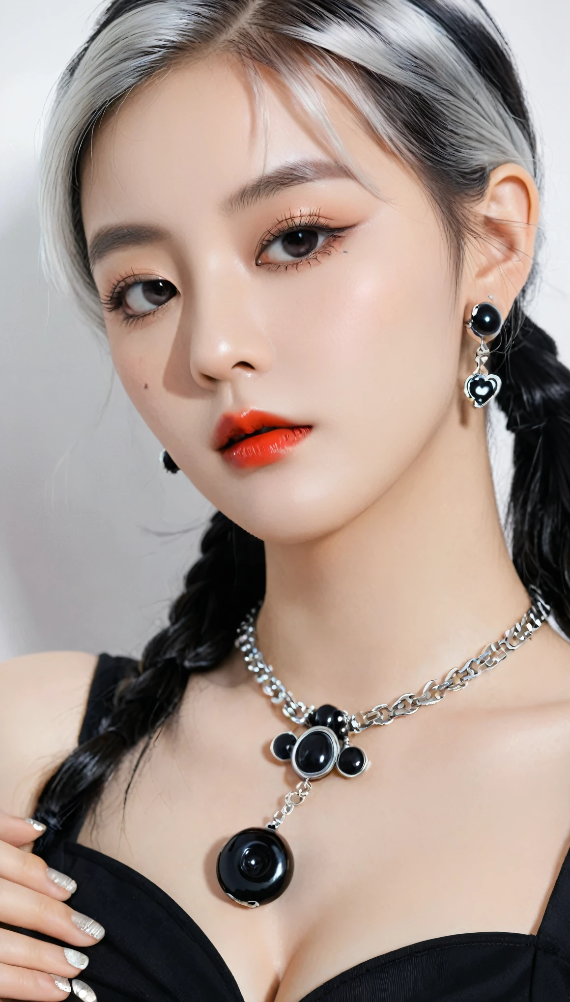 high quality, Rich in details, The silver-haired girl with twin ponytails poses cutely. They are wearing vintage gothic clothing, Wearing a bracelet, Earrings and necklaces. Big ones can also be seen. The photo is a close-up of the face, With cleavage, Shiny Breasts, Sweat in cleavage, And sexy breath.