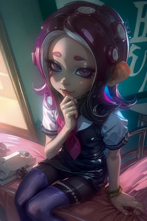 Number 8、Splatoon、Purple Hair、Long Hair、((pantyhose))、Picture below、Medium Chest、Bedroom、Swimwear、((school uniform))、