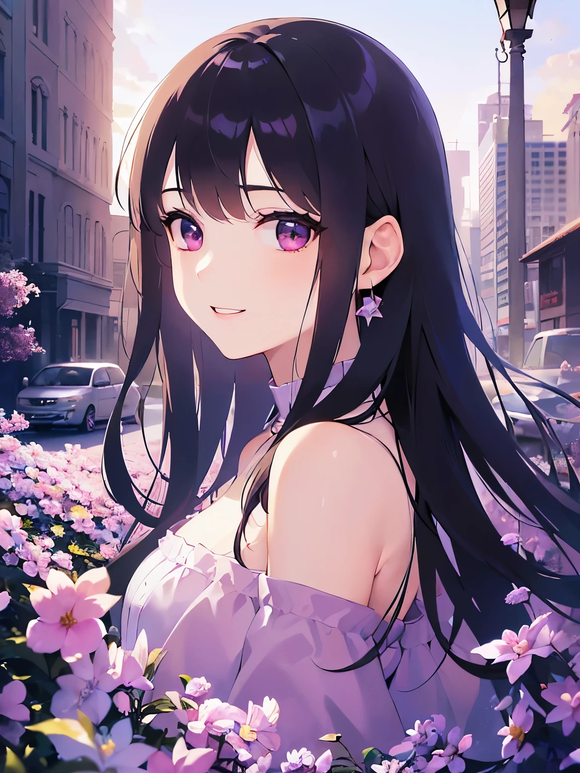 highest quality、masterpiece、(Pink off-shoulder dress：1.5）, Realistic, real person, (pale skin: 1.2), RAW photo, photorealistic, shiny skin, shiny hair、(A 26-year-old woman with straight hair and bangs) and (medium hair) and (black hair) and (purple eyes) ,（smile）、The background is the city、Alone、Shooting from the side