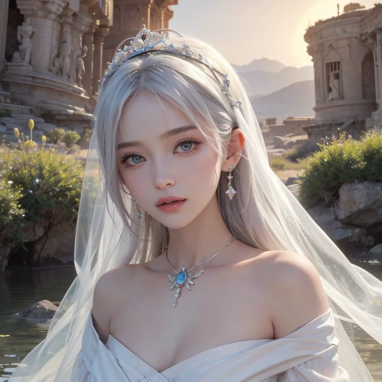 (highest quality、masterpiece、8k、Best image quality、Ultra-high resolution、Award-winning works)、A beautiful white-haired woman is looking at us from far in the the oasis surrounded by the desert, where a flood of light is streaming from the moon.、Ancient Islamic clothing、Beautiful face drawn in every detail、photographic imge, shoulder out, real white wold beside