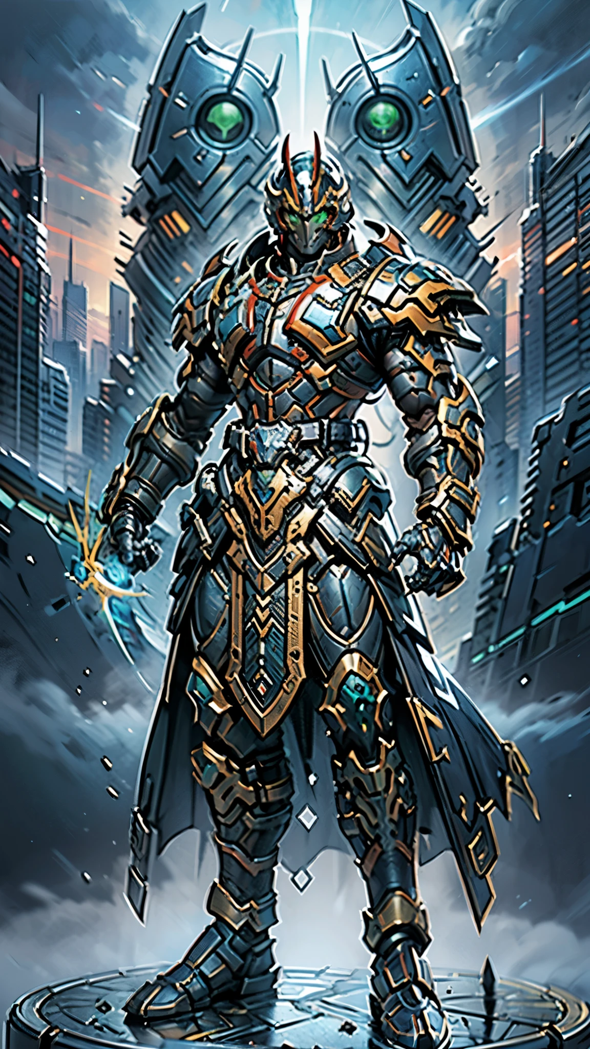 A man wearing a full-face helmet, a fantasy-style biotech armored combat suit, green eyes, (a composite layered chest armor), fully enclosed shoulder guards, matching arm and leg guards, the belt is adorned with Falcon Wing, (the color scheme is primarily white with red and blue accents), the design balances heavy with agility, a high-tech bio-mecha armor, (Armor Concept Inspired by Falcon, stand on the top of a skyscraper in a futuristic sci-fi city), this character embodies a finely crafted fantasy-surreal style armored hero in anime style, exquisite and mature manga art style, (battle damage, element, plasma, energy, the armor glows), ((male:1.5)), metallic, real texture material, dramatic, high definition, best quality, highres, ultra-detailed, ultra-fine painting, extremely delicate, professional, perfect body proportions, golden ratio, anatomically correct, symmetrical face, extremely detailed eyes and face, high quality eyes, creativity, RAW photo, UHD, 32k, Natural light, cinematic lighting, masterpiece-anatomy-perfect, masterpiece:1.5
