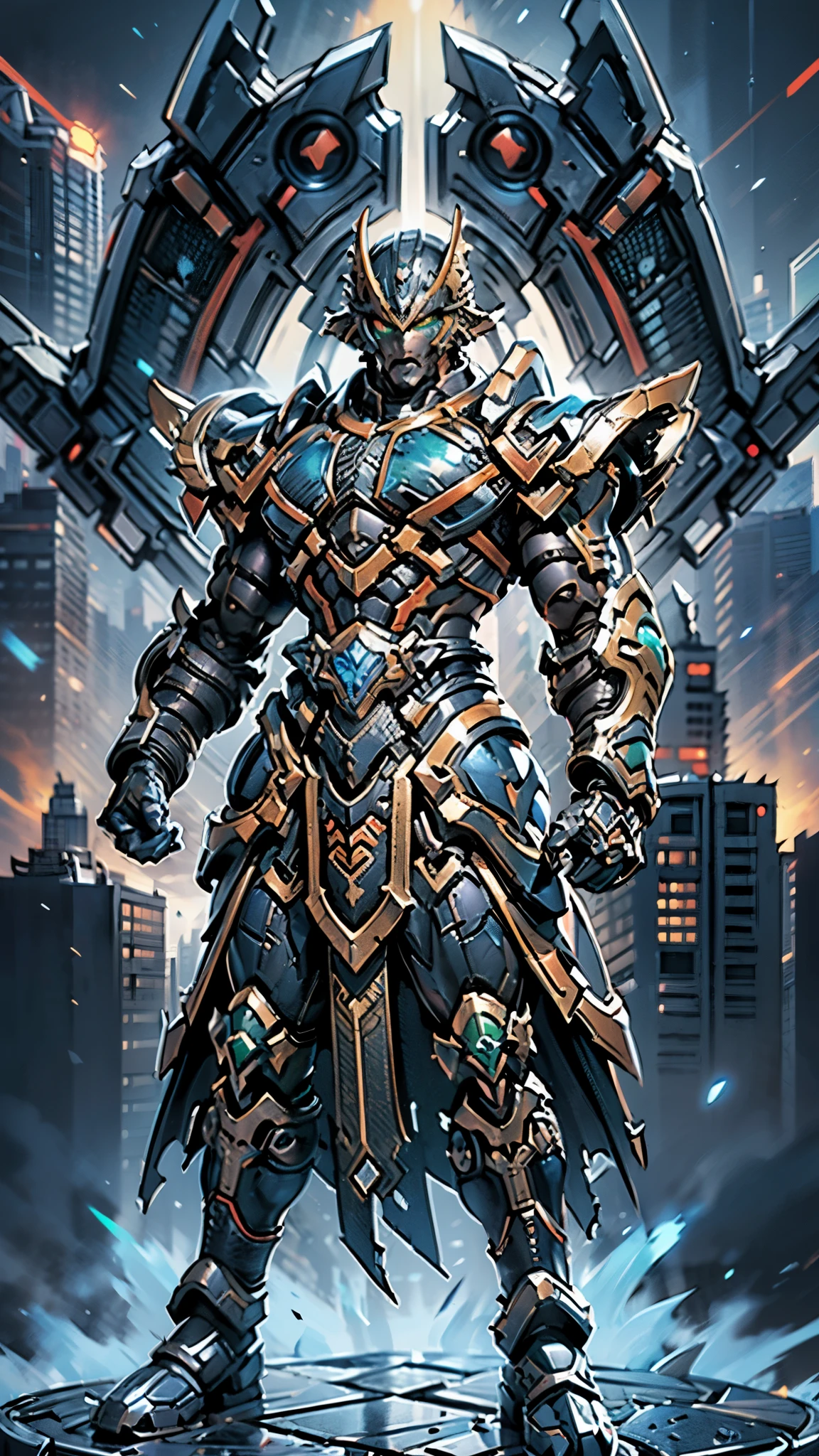 A man wearing a full-face helmet, a fantasy-style biotech armored combat suit, green eyes, (a composite layered chest armor), fully enclosed shoulder guards, matching arm and leg guards, the belt is adorned with Falcon Wing, (the color scheme is primarily white with red and blue accents), the design balances heavy with agility, a high-tech bio-mecha armor, (Armor Concept Inspired by Falcon, stand on the top of a skyscraper in a futuristic sci-fi city), this character embodies a finely crafted fantasy-surreal style armored hero in anime style, exquisite and mature manga art style, (battle damage, element, plasma, energy, the armor glows), ((male:1.5)), metallic, real texture material, dramatic, high definition, best quality, highres, ultra-detailed, ultra-fine painting, extremely delicate, professional, perfect body proportions, golden ratio, anatomically correct, symmetrical face, extremely detailed eyes and face, high quality eyes, creativity, RAW photo, UHD, 32k, Natural light, cinematic lighting, masterpiece-anatomy-perfect, masterpiece:1.5