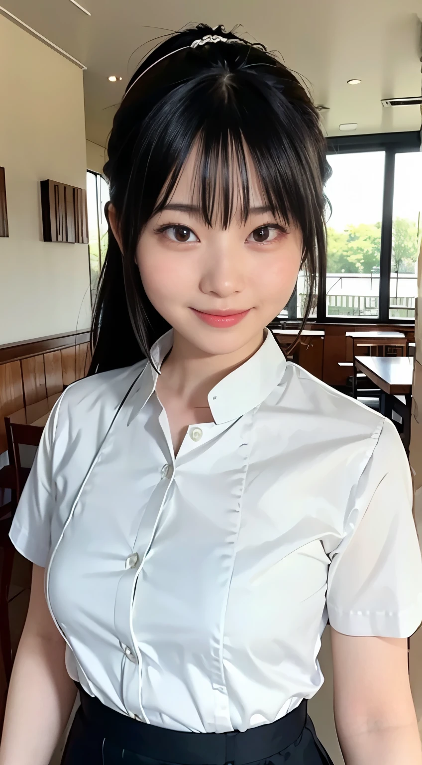 (highest quality,masterpiece:1.3,Ultra-high resolution,),(Very detailed,Caustics),(Photorealistic:1.4,RAW shooting,)Ultra-Realistic Capture,Very detailed,High resolution 16K human skin closeup。 Natural skin texture、,Pores、、、、It must be detailed enough to be easily identifiable。 Skin tone is even and healthy looking。 Use natural light and color,restaurant,Waitress Uniform,1 girl,Japanese,18-year-old,cute,Black-haired,ponytail,Big Breasts,smile,Turn your body forward,(Front view:1.1),Looking at the camera,Cowboy Shot,