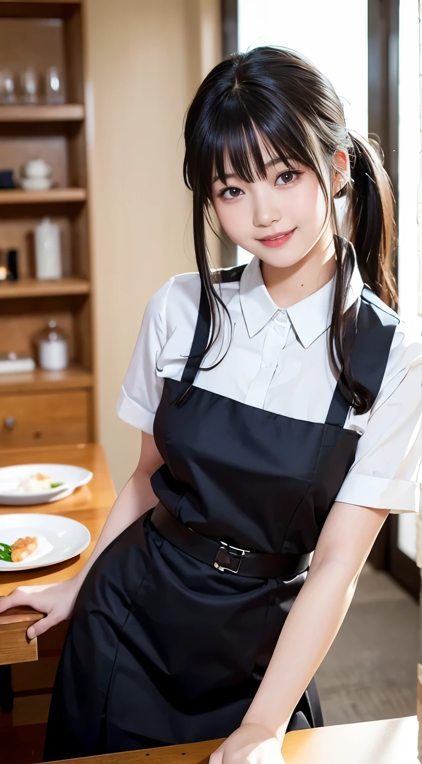 (highest quality,masterpiece:1.3,Ultra-high resolution,),(Very detailed,Caustics),(Photorealistic:1.4,RAW shooting,)Ultra-Realistic Capture,Very detailed,High resolution 16K human skin closeup。 Natural skin texture、,Pores、、、、It must be detailed enough to be easily identifiable。 Skin tone is even and healthy looking。 Use natural light and color,restaurant,Waitress Uniform,1 girl,Japanese,18-year-old,cute,Black-haired,ponytail,Big Breasts,smile,Turn your body forward,(Front view:1.1),Looking at the camera,Cowboy Shot,