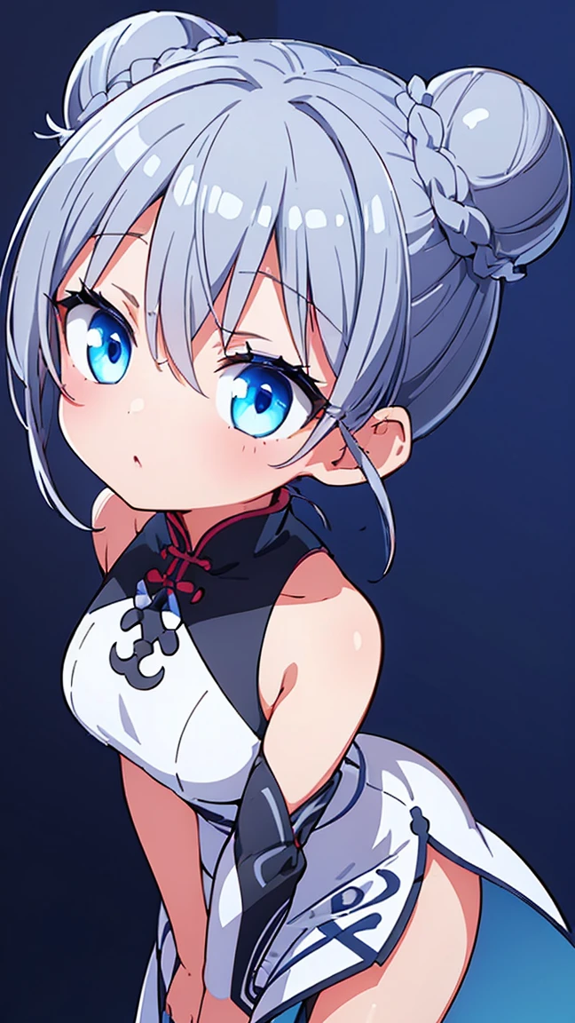 (Girl 1,Round face,blue eyes),(Gray Hair,Double Bun Hairstyle),(White Chinese dress with thigh slits),Are standing,Black Wallpaper,Very detailed ,8k wallpaper,High resolution, Beautiful lighting,Detailed Shadows, High resolution،highly detailed,(Detailed face and eyes,Realistic eyes)