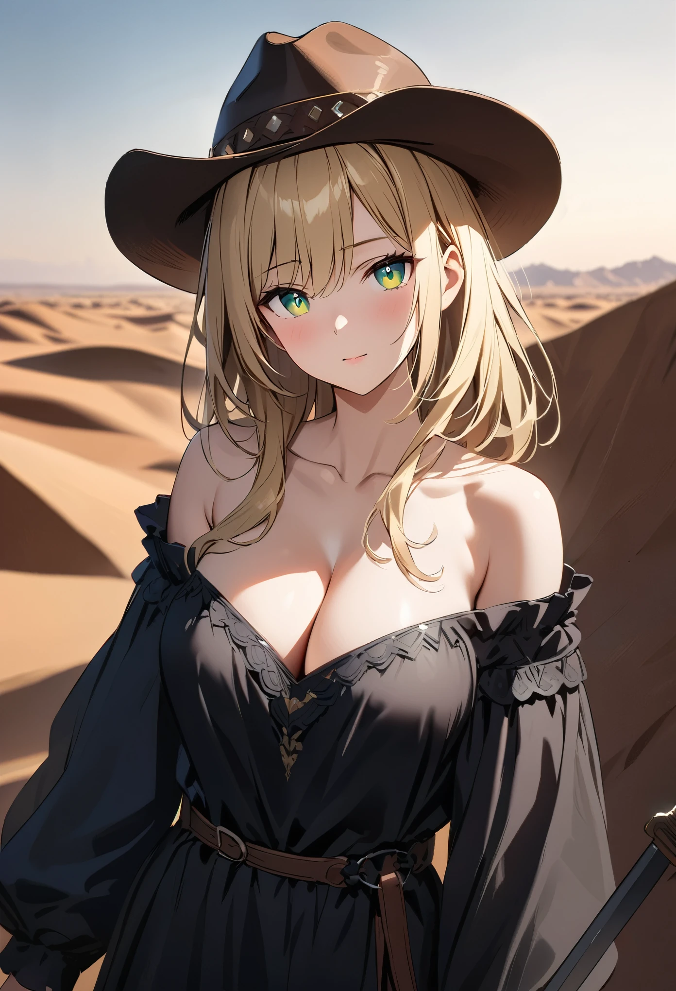 好莱坞特效style，style，wallpaper，best quality，Top picture quality，Wide-angle lens，8k，top anime quality，(A woman)，solo，Upper Body，Real green pupils，Highly detailed and realistic hair，Light Blonde Hair，Cowboy hat，large breast，(Cleavage)，Off-shoulder black dress bare neck，(Loose dress with long sleeves)，(Holding a medieval sword)，Desert Background，Depth of Field，Background blur，dark feeling，Volumetric Light